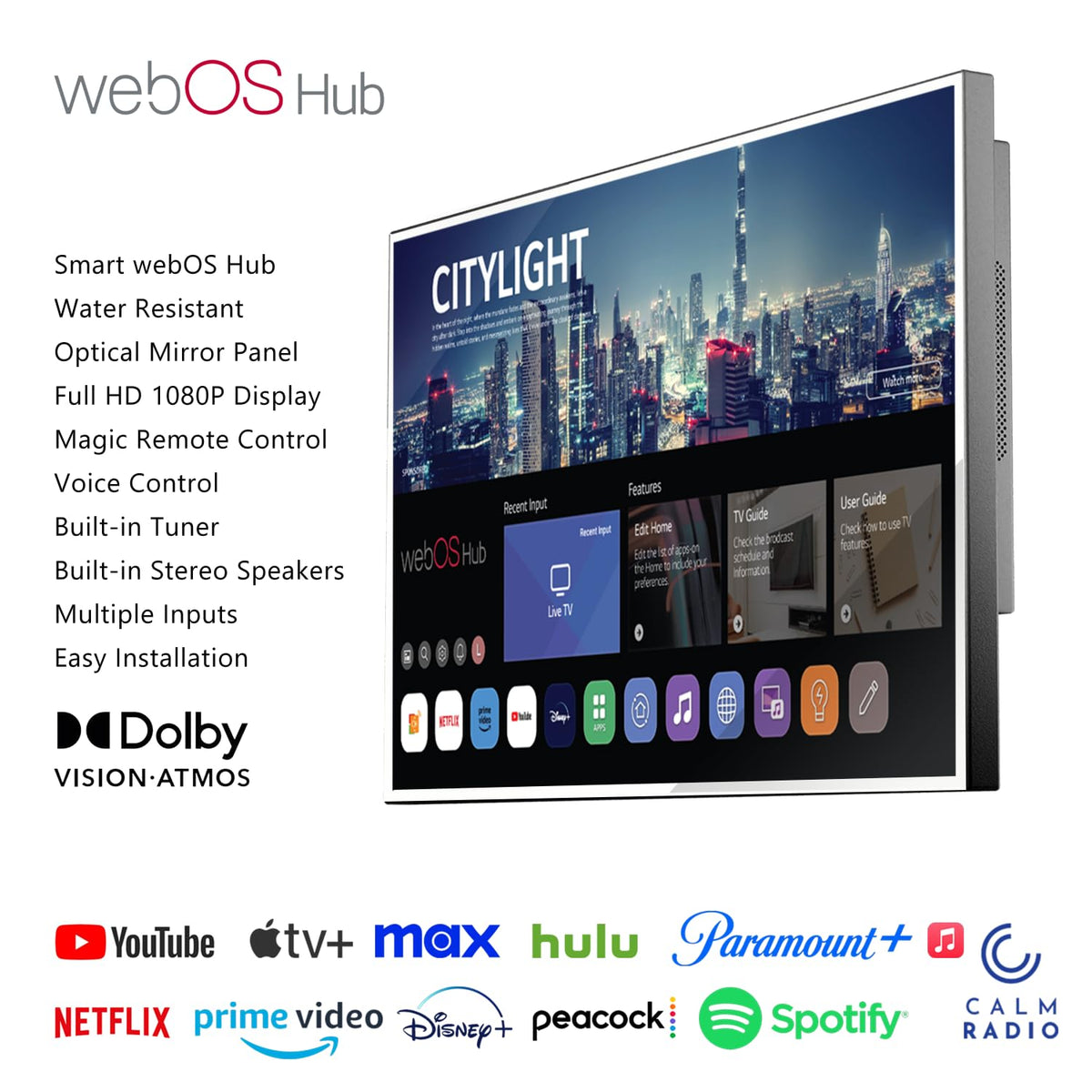 Soulaca 55 inches Smart Waterproof Mirror TV 4K UHD webOS Built-in ATSC DTV Tuner Voice Control, Large Bathroom & Indoor Hotel Resort Television Wall-Mount Big Screen Pool