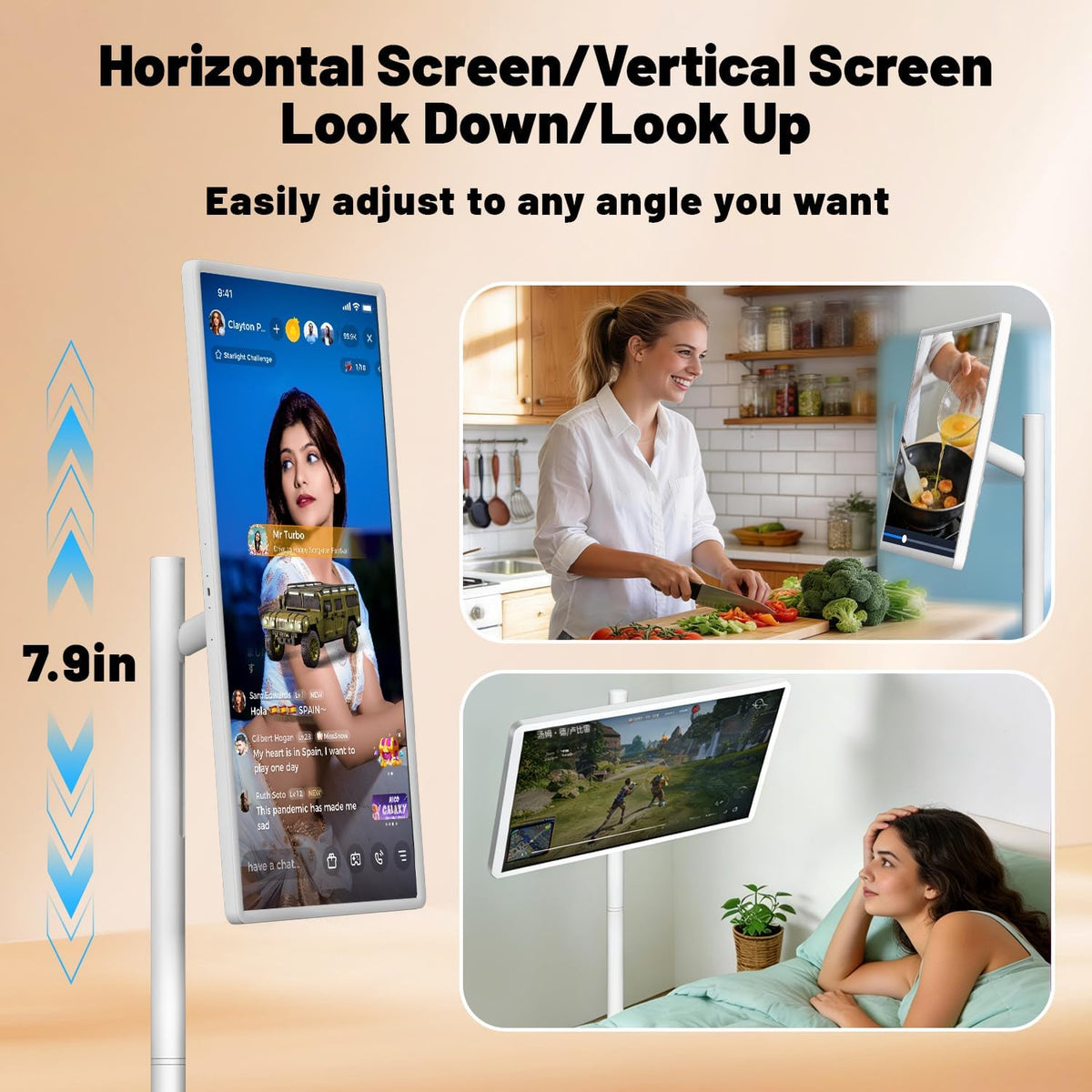 VLH 32 Inch Smart Portable TV Tablet with Rolling Stand, 1080P Touch Screen Rolling TV, Built-in 38400mAh Battery, Android 15, 8+128GB Wireless TV on Wheels with Remote, 360Â° Rotation, 5MP Camera