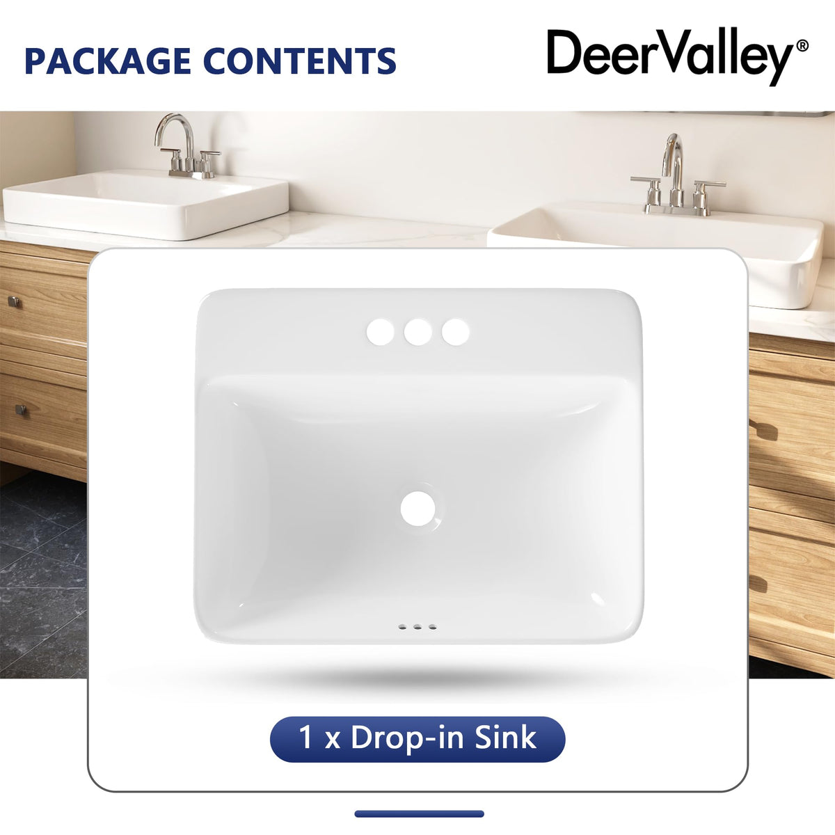 DeerValley Modern Drop In Bathroom Sink White 20"x17" Oval Vanity Art Basin