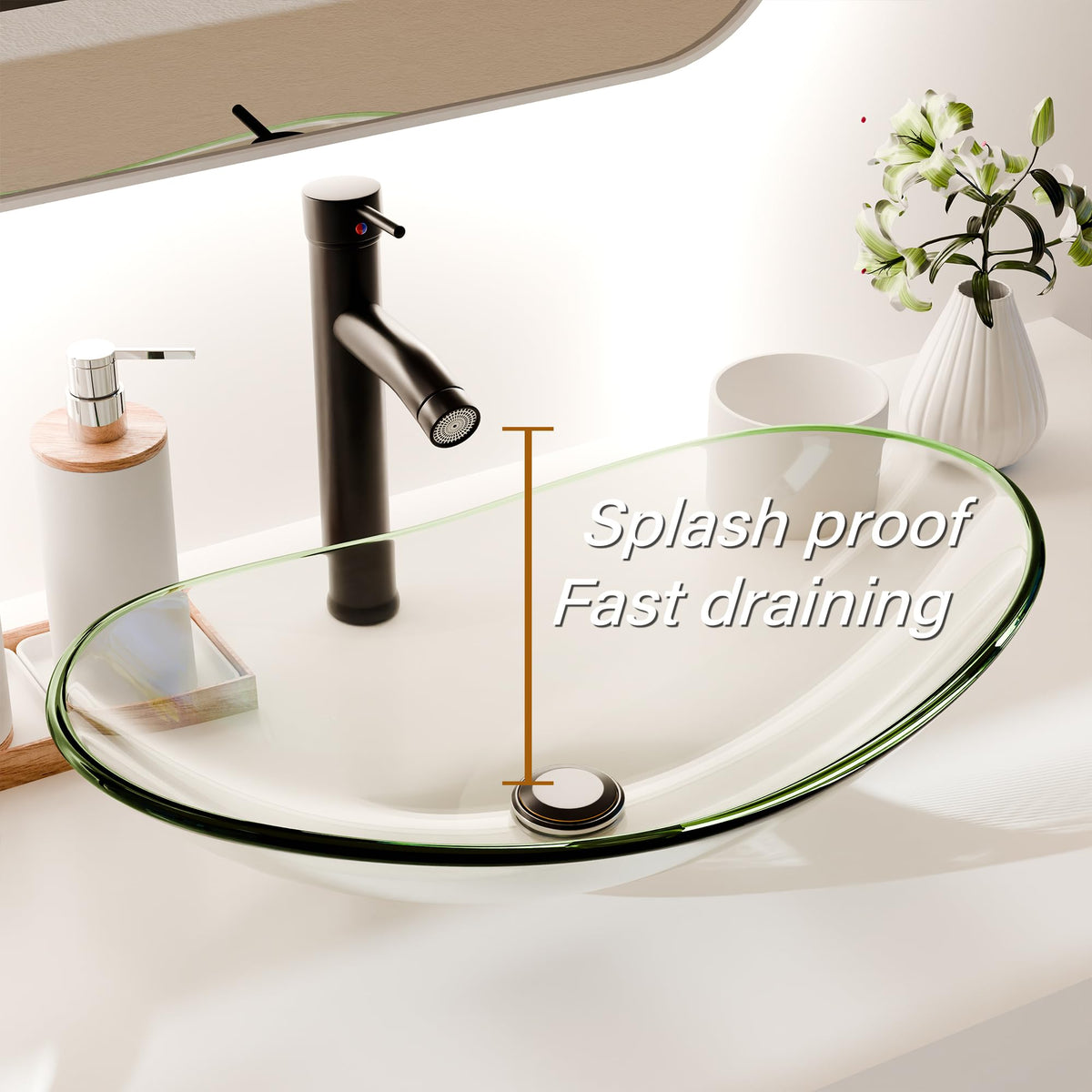 Vessel Sink Bathroom Sinks Tempered Glass Art Basin 20.8"x13.7" Oval Bowl Above Counter with Faucet and Pop-Up Drain Combo, Oval Clear Grey,Modern Countertop Bowl Sink