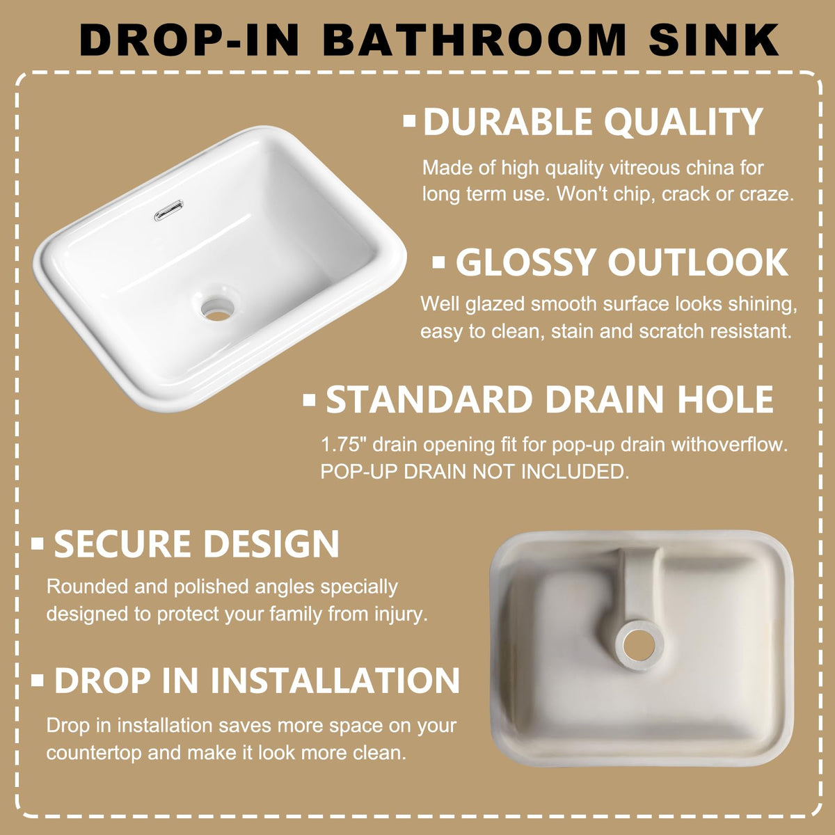 Small Bathroom Vessel Sink 16.7'' x 12.6'' Semi Recessed Bathroom Sink Rectangular Drop-in Vanity Sink with Overflow White Ceramic Modern Art Basin