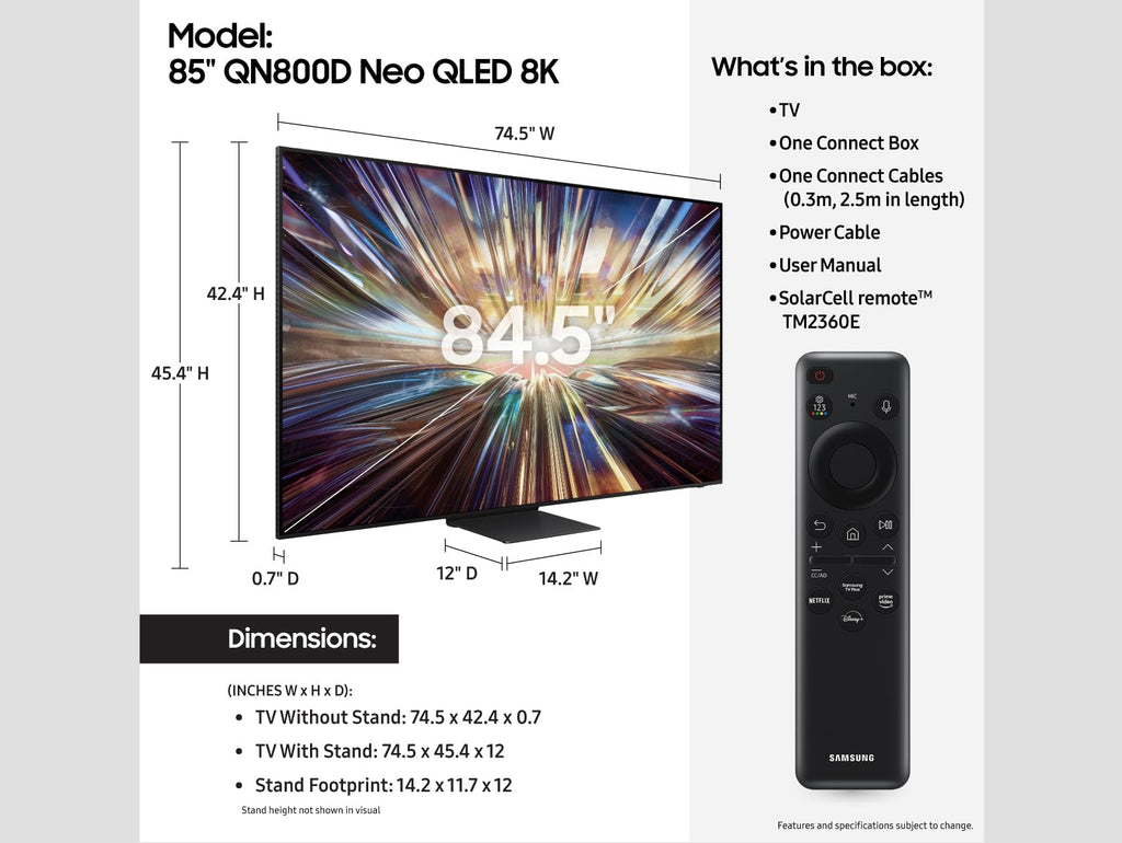 Samsung 65-Inch Class QLED 8K QN800D Series Mini LED, Neo Quantum HDR Smart TV w/Dolby Atmos, Object Tracking Sound+, AI Motion Enhancer, Real Depth Enhancer Pro, Alexa Built-in (QN65QN800D, 2024)