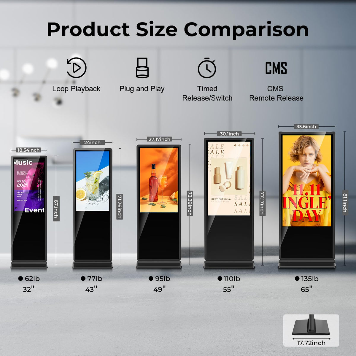 32 inch Indoor Digital Signage LCD Screen IPS Floor Standing Digital Kiosks Interactive Displays with WiFi HDMI/USB Input Auto AD Player, Android OS Black