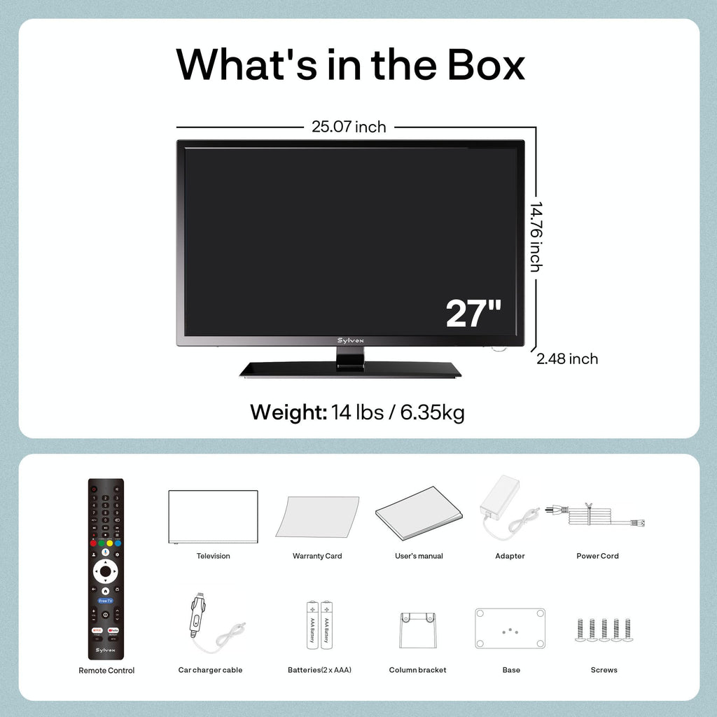 SYLVOX 24'' Smart RV TV, 12V/24V Google TV with Built-in DVD Player