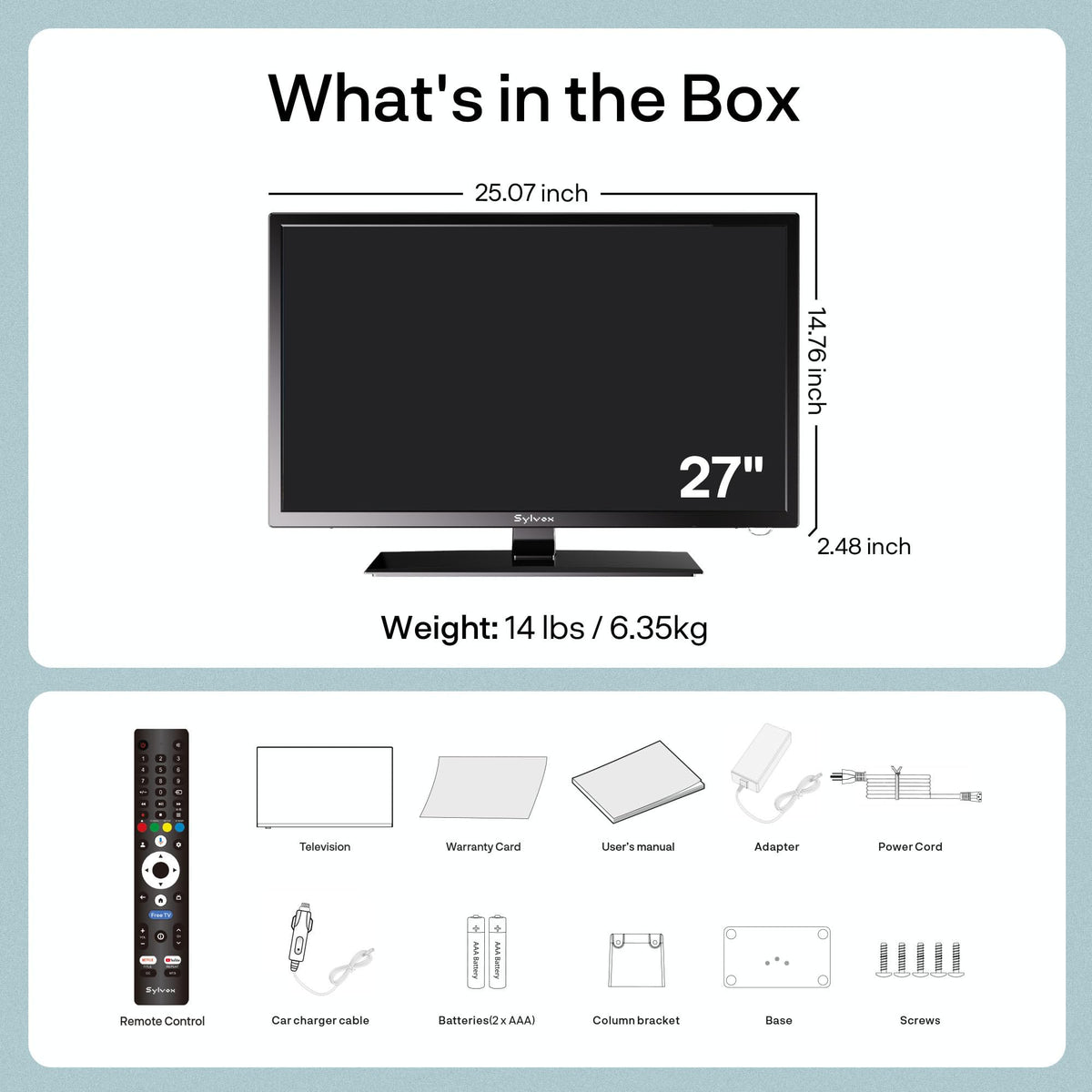 SYLVOX 24'' Smart RV TV, 12V/24V Google TV with Built-in DVD Player