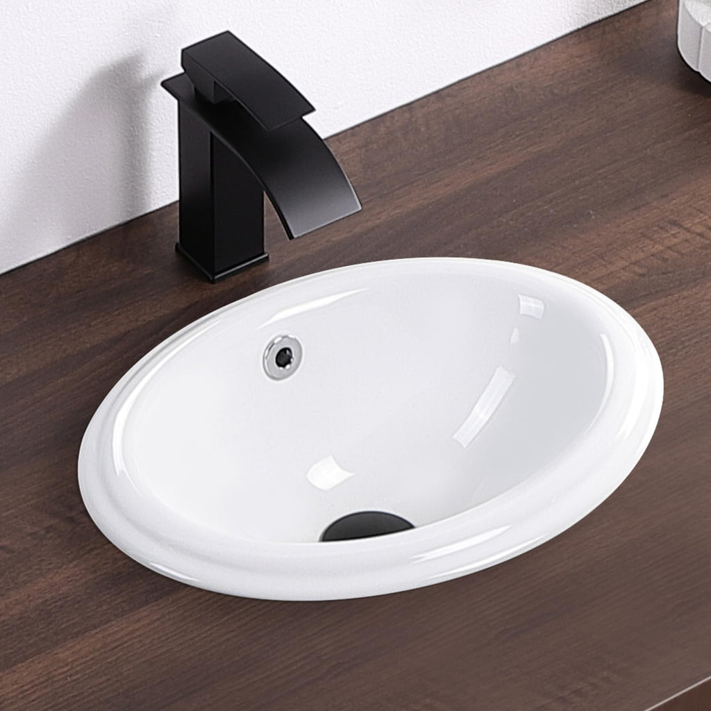 Small Bathroom Vessel Sink 16.7'' x 12.6'' Semi Recessed Bathroom Sink Rectangular Drop-in Vanity Sink with Overflow White Ceramic Modern Art Basin