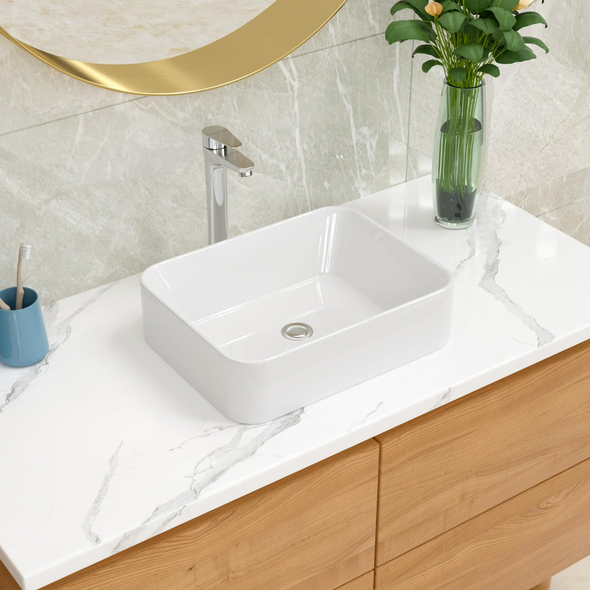Lordear Wall Mounted Vessel Sink 16x11 Inch, U-Shape White Porcelain Bathroom Sink with Black Faucet and Support Pedestal Legs, Wall Hung Vanity Sink with Towel Rack for Small Bathrooms