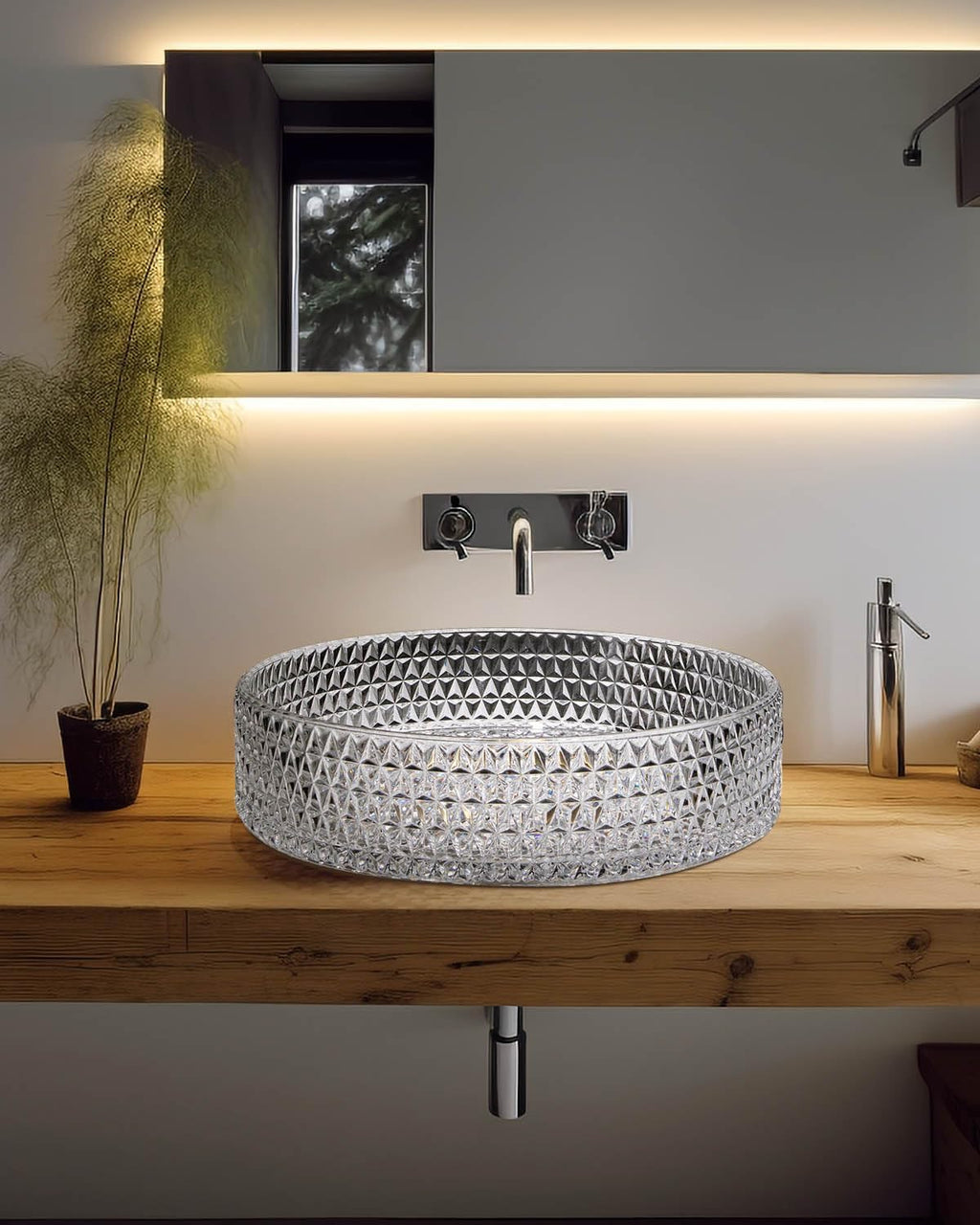 Homary Bathroom Vessel Sink Round Vessel Sink 15.35" x 4.33" Transparent Diamond Shaped Crystal Glass Bathroom Sink Above Counter with Pop-up Drain, Clear