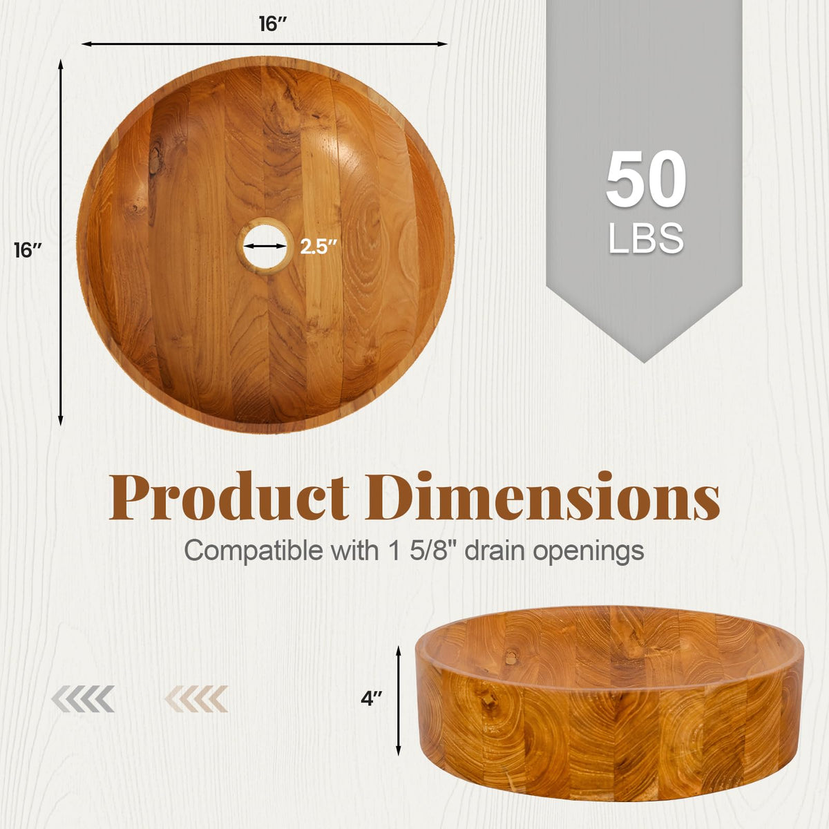 Giantex Teak Wood Vessel Sink - Bathroom Washbasin with Smooth Finish, Round Corner, 2.5â Drain Hole for 1 5/8" Drainage, Above Counter Vanity Sinks, No Assembly Art Basin (16â x 16â x 4â Bowl-shaped)