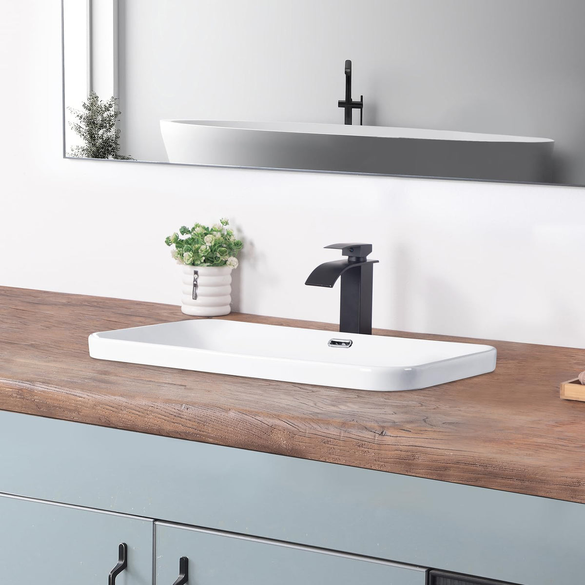 Bathroom Vessel Sink 16.7" X 12.6" Semi Recessed Bathroom Sink Rectangular Drop In Bathroom Sinks with Overflow White Ceramic Vessel Sinks for Bathroom Modern Above Counter Basin Vanity Sink