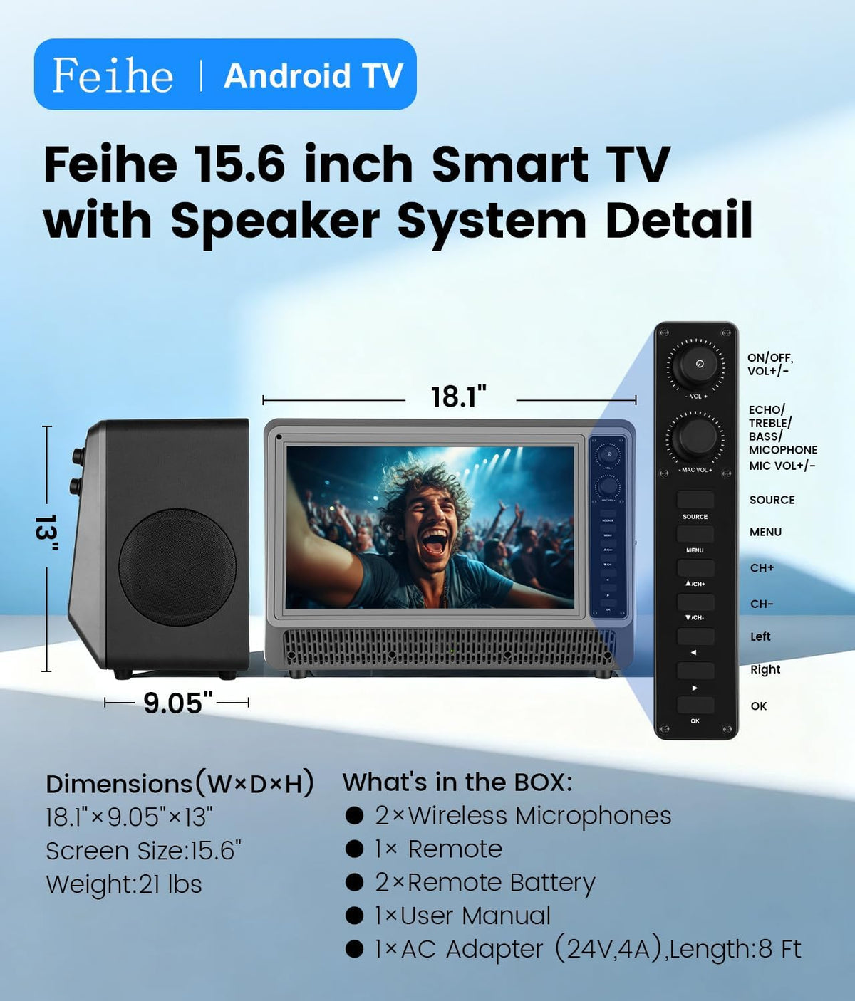 Feihe 15.6â Small Smart TV Built-in Bluetooth Speaker System, 200W Peak Power, 1080P FHD Smart Television with Wi-Fi/HDMI/USB/AUX for Home Entertainment & Camping