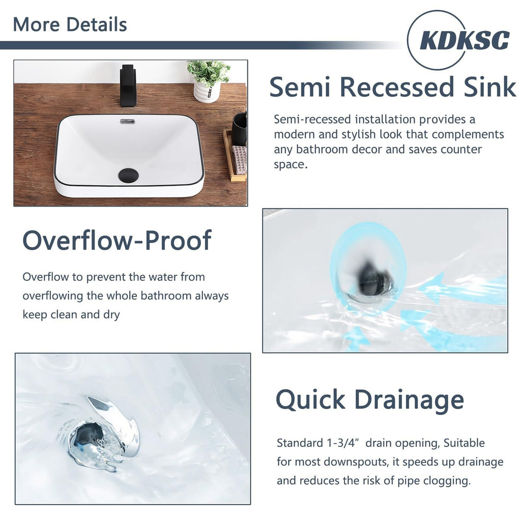 Bathroom Vessel Sink 16.7" X 12.6" Semi Recessed Bathroom Sink Rectangular Drop In Bathroom Sinks with Overflow White Ceramic Vessel Sinks for Bathroom Modern Above Counter Basin Vanity Sink