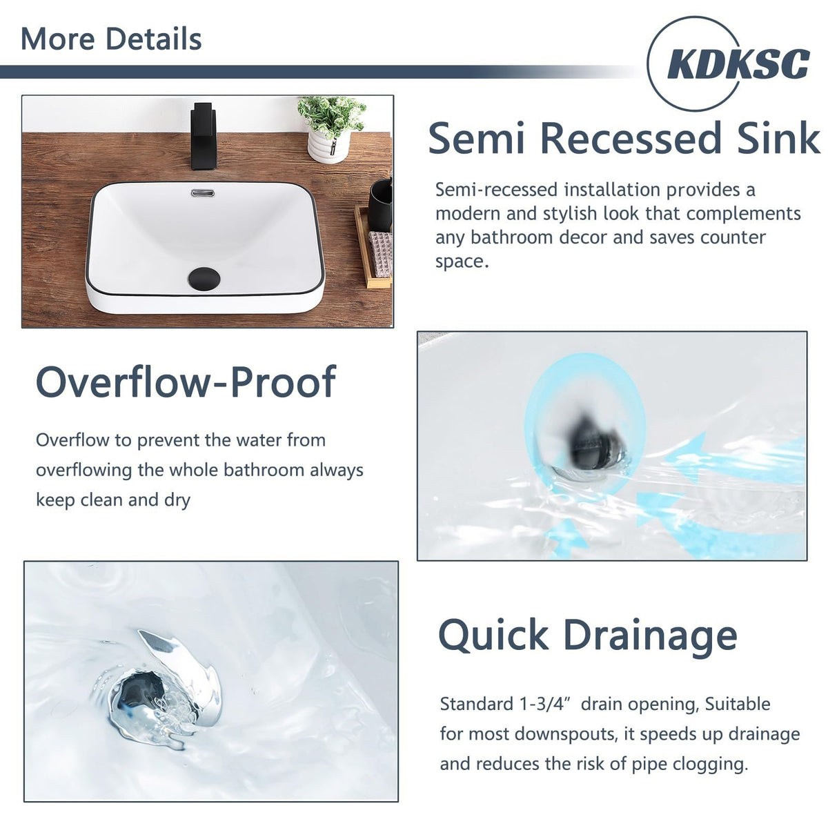 Bathroom Vessel Sink 16.7" X 12.6" Semi Recessed Bathroom Sink Rectangular Drop In Bathroom Sinks with Overflow White Ceramic Vessel Sinks for Bathroom Modern Above Counter Basin Vanity Sink
