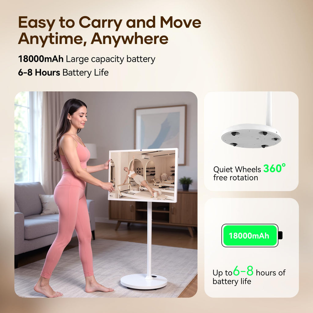 Bisprico 32" Portable Smart TV on Wheels, Qualcomm CPU, EDLA-Certified, Built-in 22000mAh Battery, 16+128GB, Android 14 OS Rolling Tablet TV, Full Swivel Rotation, Remote Control, 13MP Webcam