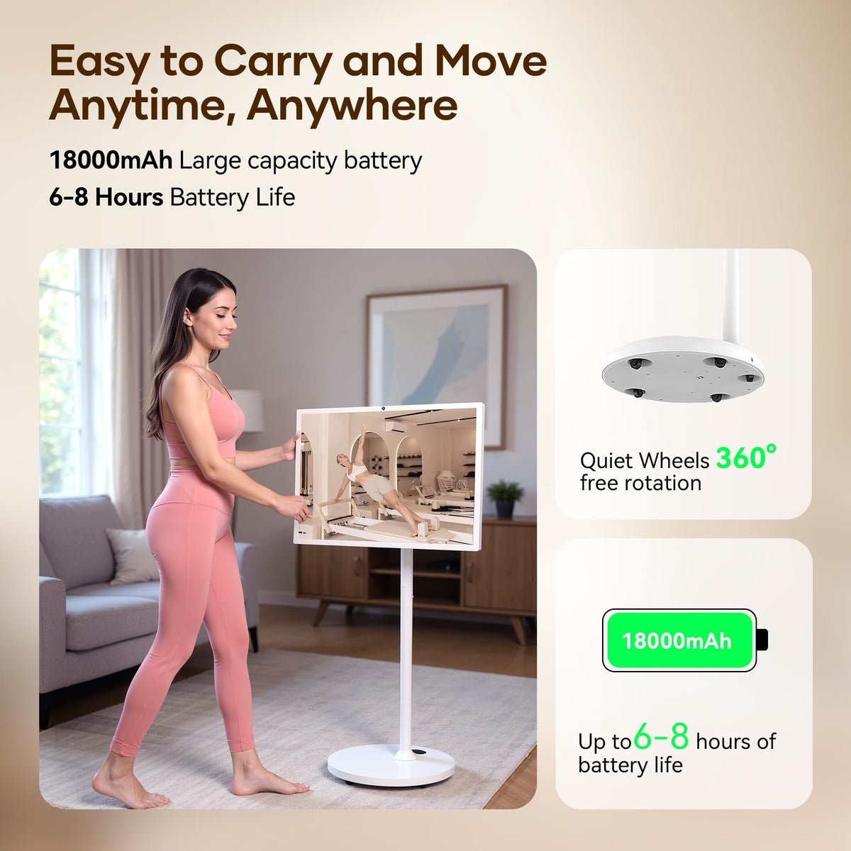Bisprico 32" Portable Smart TV on Wheels, Qualcomm CPU, EDLA-Certified, Built-in 22000mAh Battery, 16+128GB, Android 14 OS Rolling Tablet TV, Full Swivel Rotation, Remote Control, 13MP Webcam