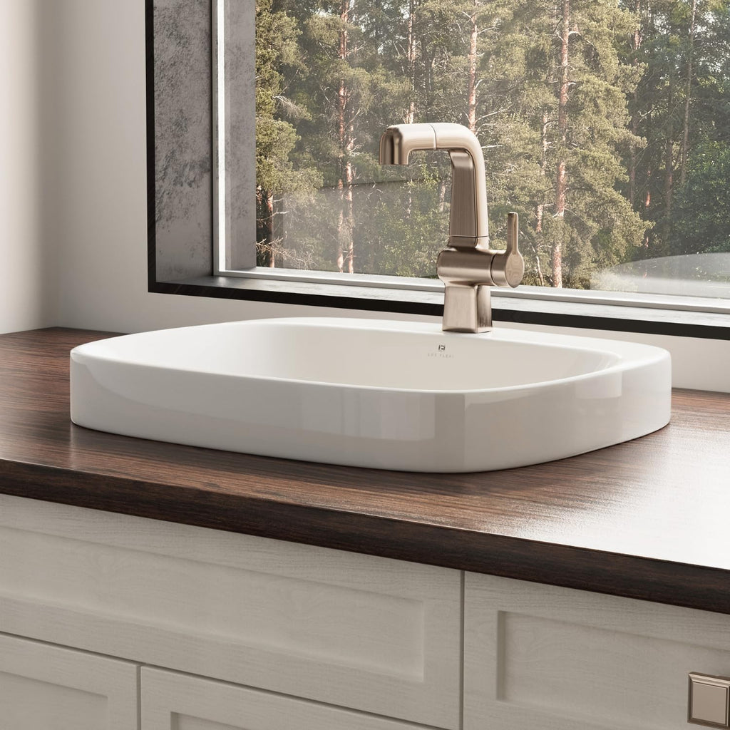 20â³W x 17â³D Drop In Bathroom Sink with Free Pop-Up Drain, White Ceramic Rectangular Semi Recessed Bathroom Sink with Single Faucet Hole, Modern Vessel Sink, Durable Above Counter Basin