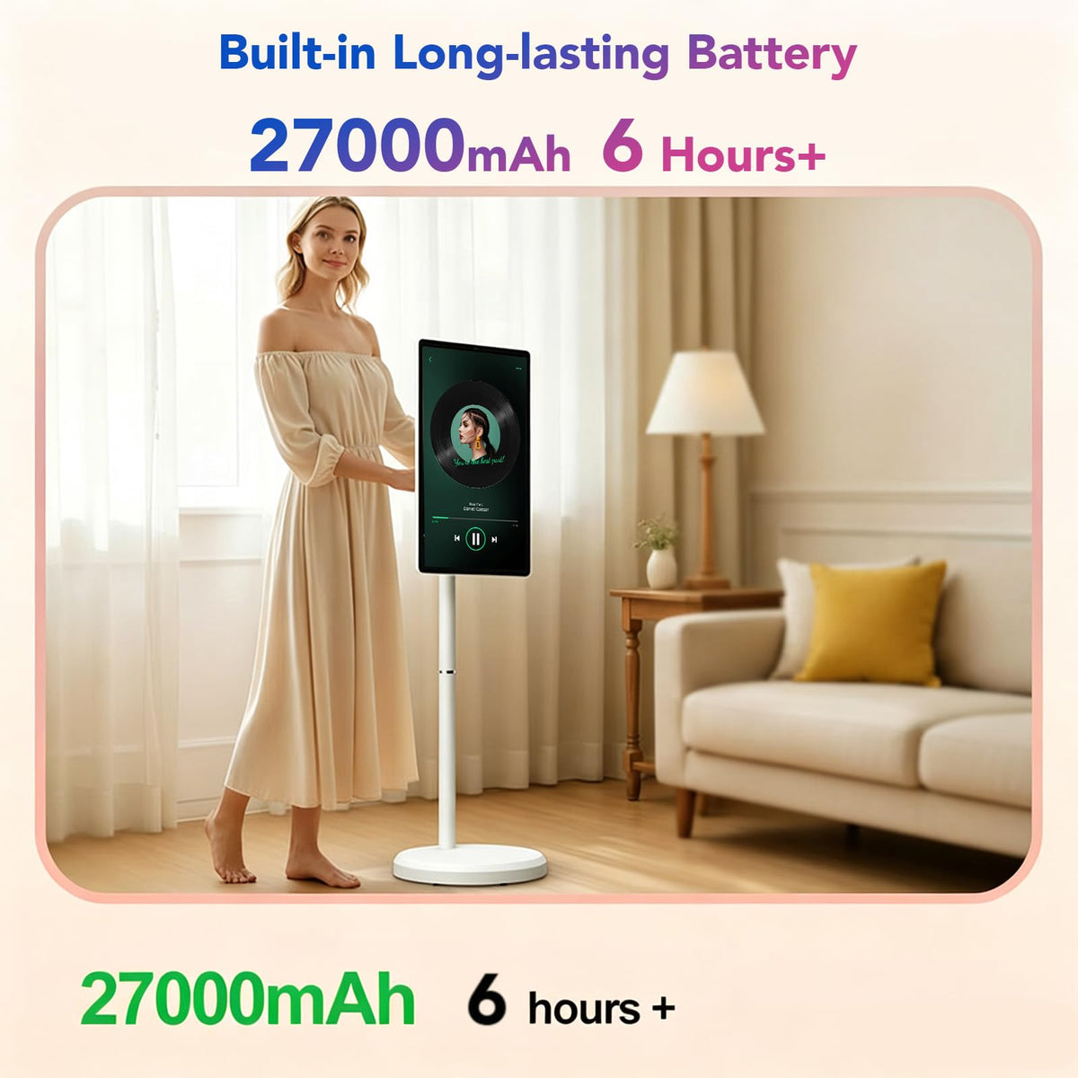 32-Inch FHD Smart Portable TV, Rolling TV on Wheels, Built-in Battery, Android 15 OS, Touch Screen Monitor, 6GB RAM + 128GB Storage, 8MP Camera, Full Swivel Rotation, Voice Remote