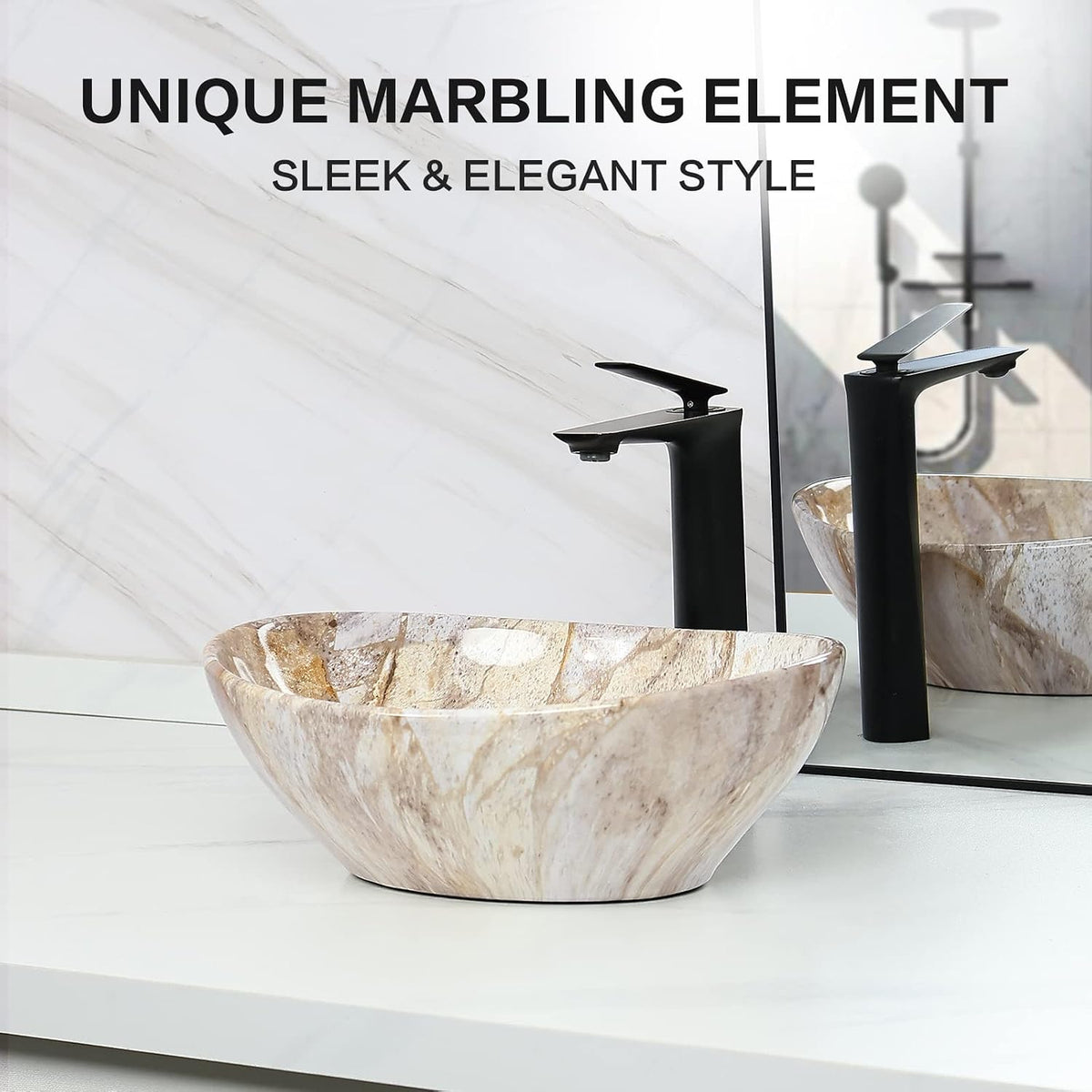 Davivy 16'' X 13'' Nordic Marbling Oval Vessel Sink with Pop Up Drain,Ceramic Vessel Sink,Bathroom Sinks Above Counter,Bathroom Vessel Sinks,Counter top Sink,Oval Sink Bowls for Bathroom