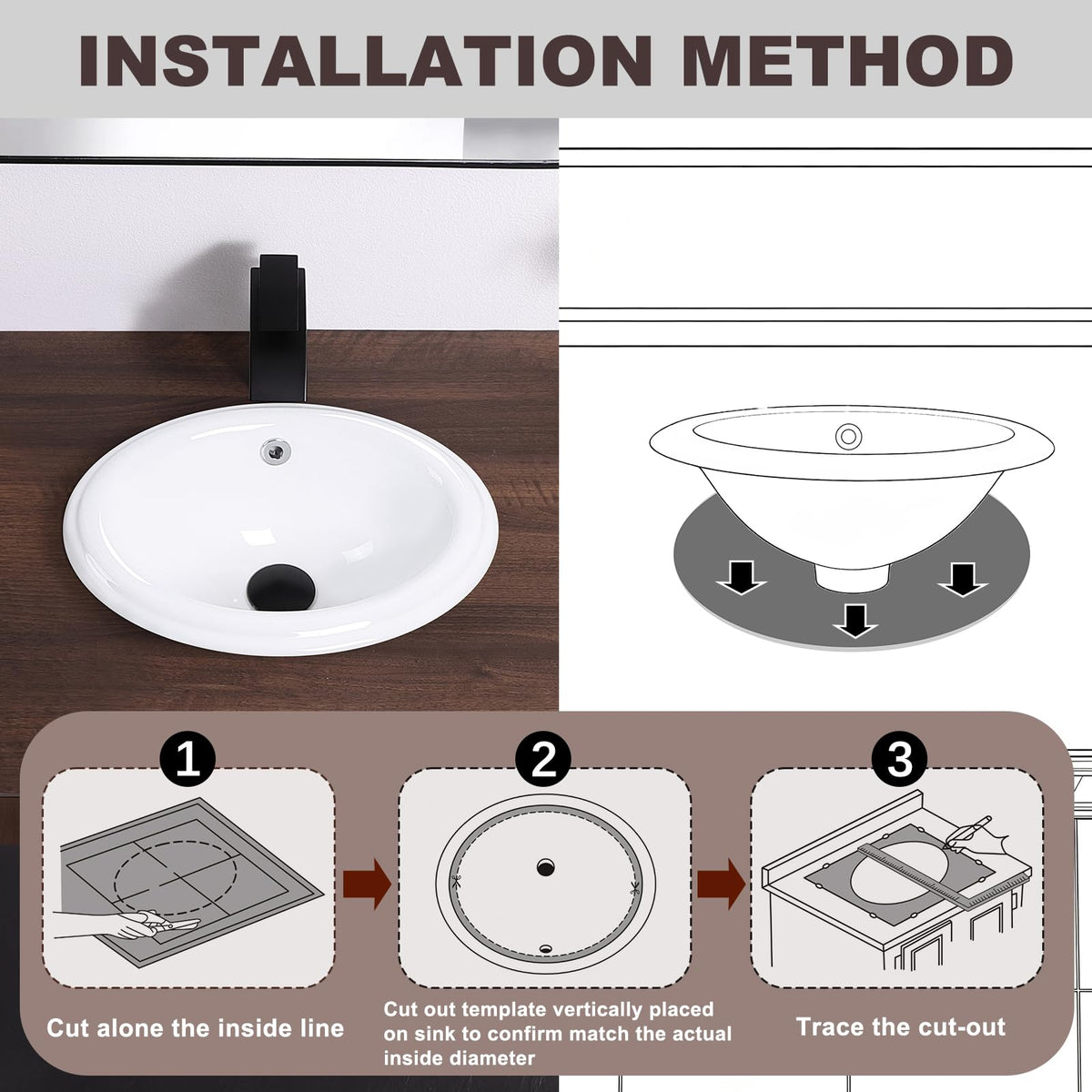 Small Bathroom Vessel Sink 16.7'' x 12.6'' Semi Recessed Bathroom Sink Rectangular Drop-in Vanity Sink with Overflow White Ceramic Modern Art Basin