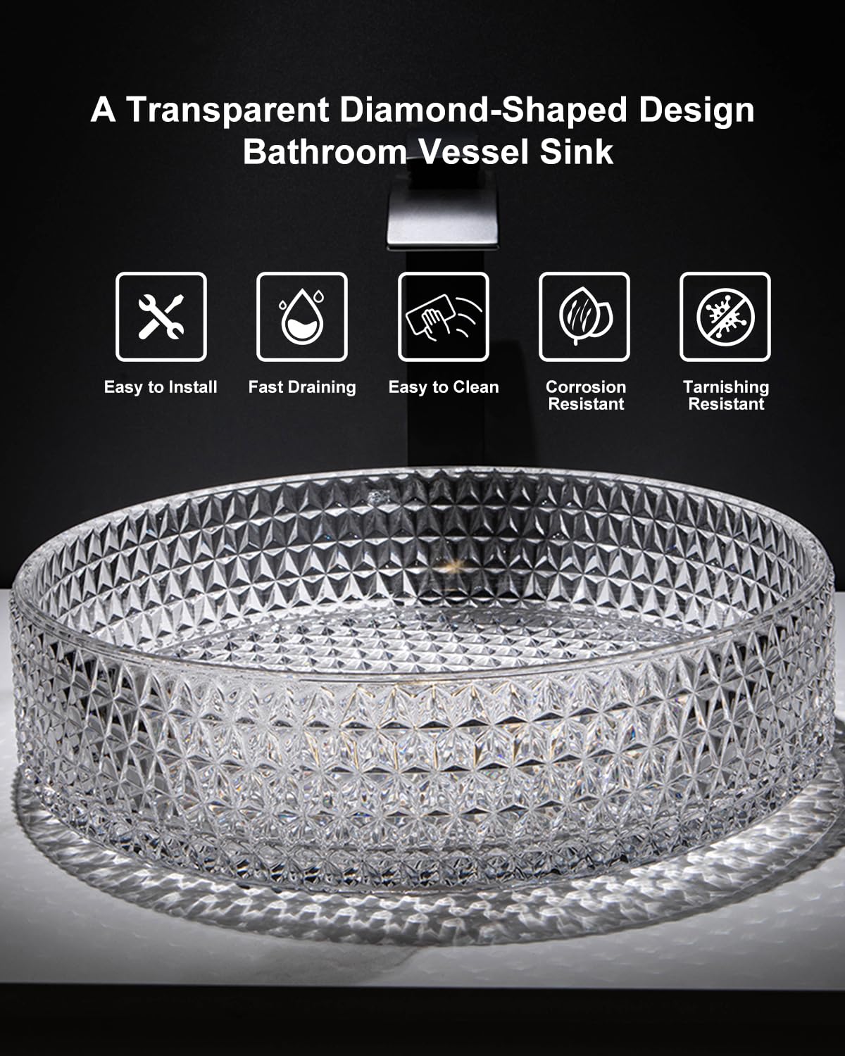 Homary Bathroom Vessel Sink Round Vessel Sink 15.35" x 4.33" Transparent Diamond Shaped Crystal Glass Bathroom Sink Above Counter with Pop-up Drain, Clear