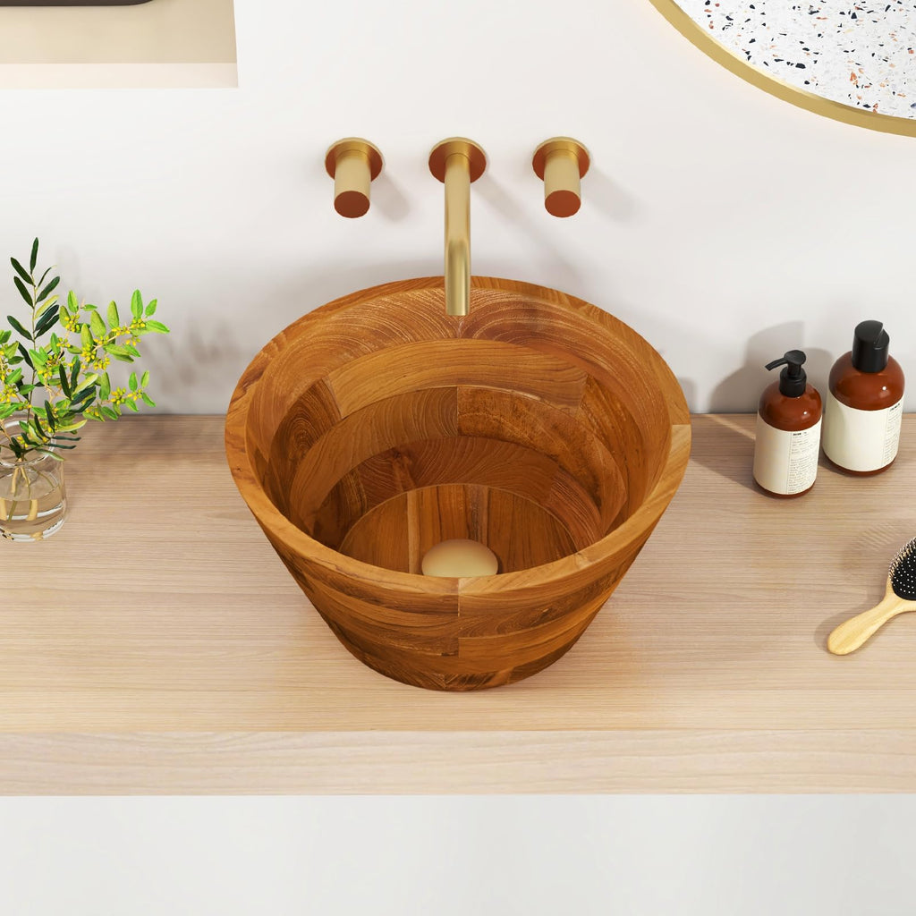 Giantex Teak Wood Vessel Sink - Bathroom Washbasin with Smooth Finish, Round Corner, 2.5â Drain Hole for 1 5/8" Drainage, Above Counter Vanity Sinks, No Assembly Art Basin (16â x 16â x 4â Bowl-shaped)