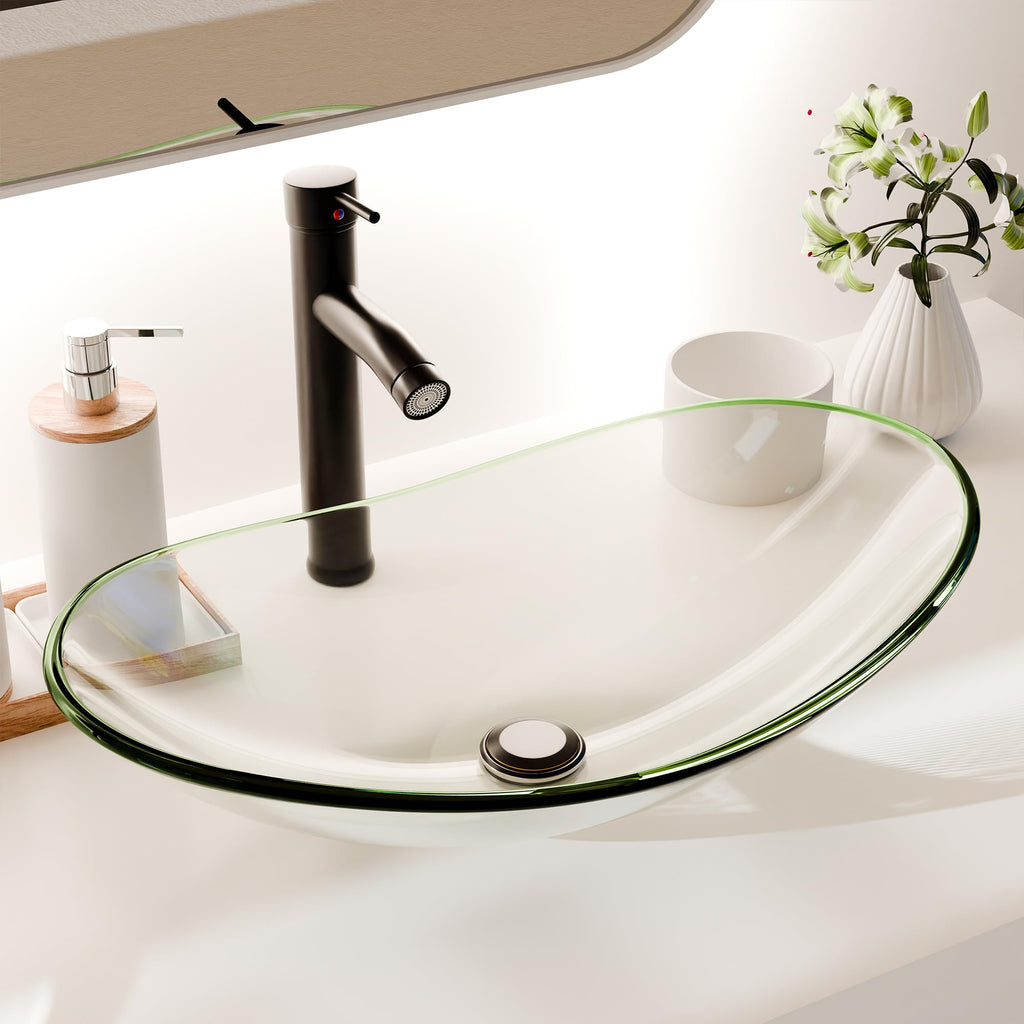 Vessel Sink Bathroom Sinks Tempered Glass Art Basin 20.8"x13.7" Oval Bowl Above Counter with Faucet and Pop-Up Drain Combo, Oval Clear Grey,Modern Countertop Bowl Sink