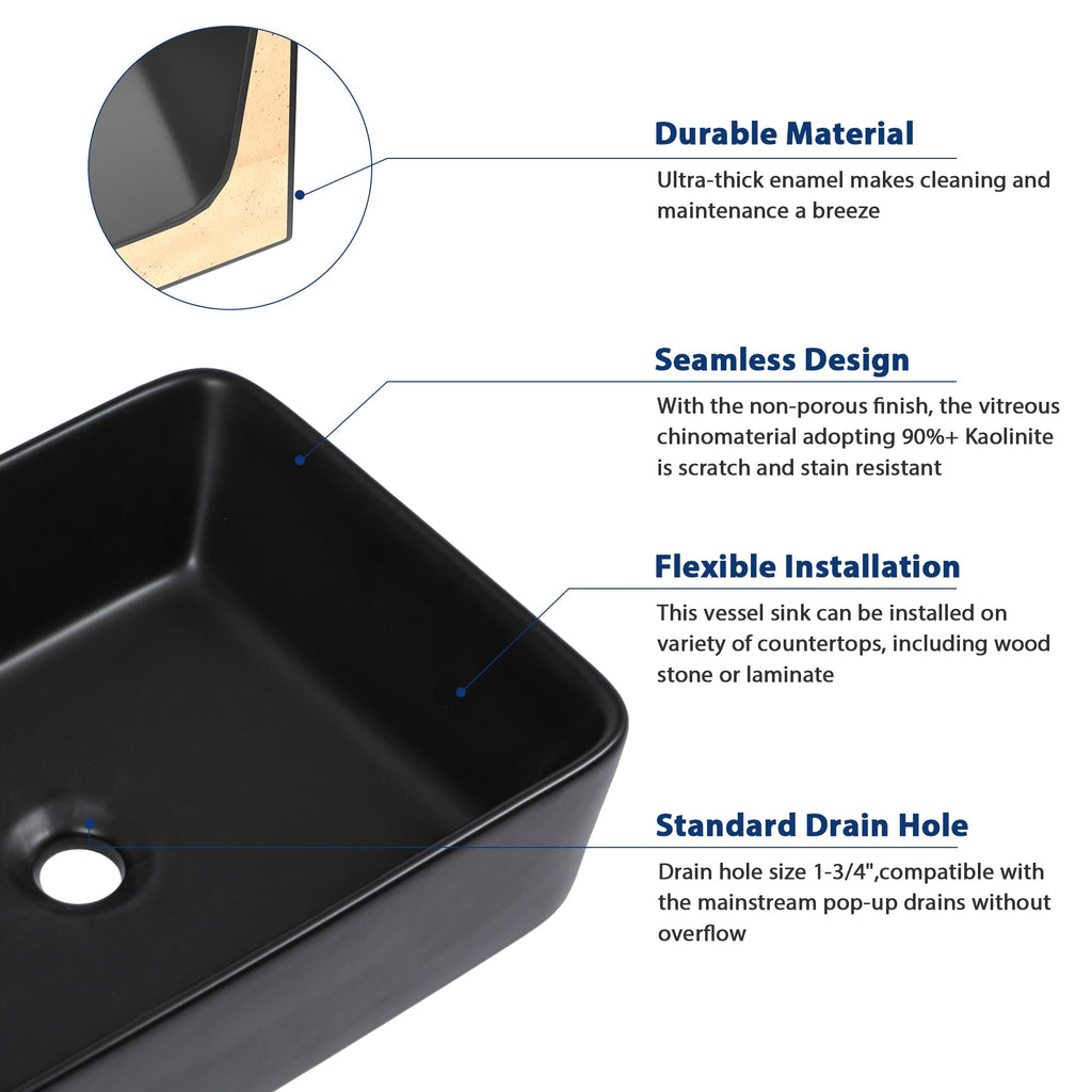 Sarlai Black Vessel Sink Rectangular - 24"x14" Modern Bathroom Vessel Sink Rectangle Above Counter Black Ceramic Porcelain Lavatory Vanity Sink Art Basin
