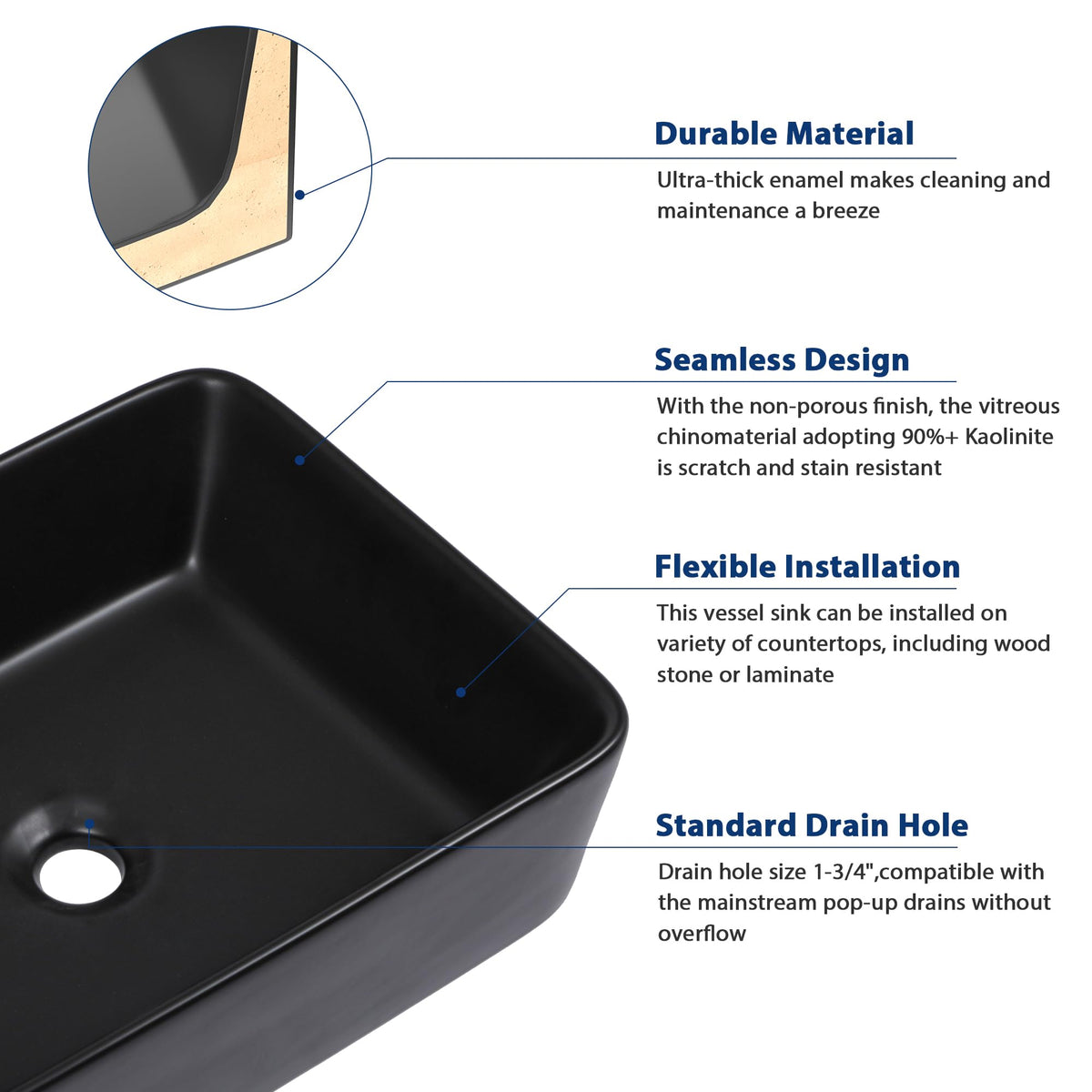 Sarlai Black Vessel Sink Rectangular - 24"x14" Modern Bathroom Vessel Sink Rectangle Above Counter Black Ceramic Porcelain Lavatory Vanity Sink Art Basin