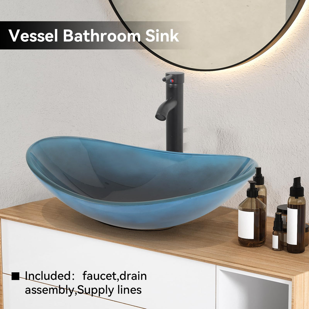 YOURLITE Bathroom Artistic Vessel Sink, Tempered Glass Countertop Bowl Sink