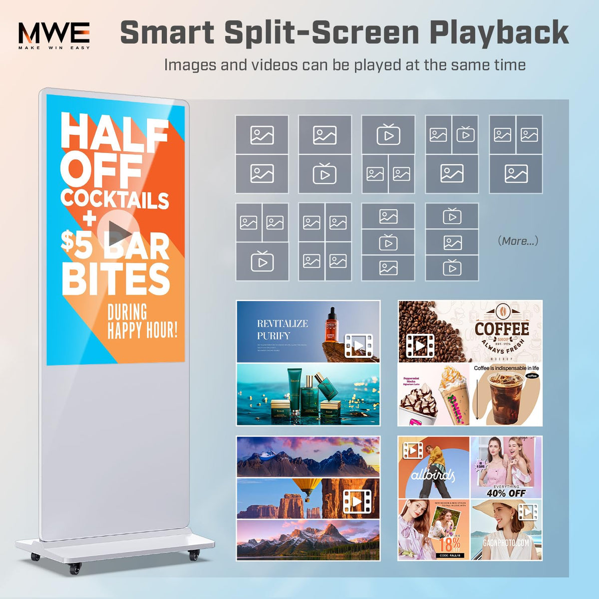 MWE 43 Inch Indoor Floor Standing Digital Signage Advertising Display Kiosk LCD Screen Commercial Totem Android System Vertical Poster with Auto Media Player