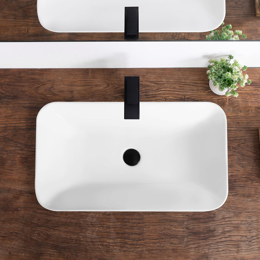 Bathroom Vessel Sink 16.7" X 12.6" Semi Recessed Bathroom Sink Rectangular Drop In Bathroom Sinks with Overflow White Ceramic Vessel Sinks for Bathroom Modern Above Counter Basin Vanity Sink