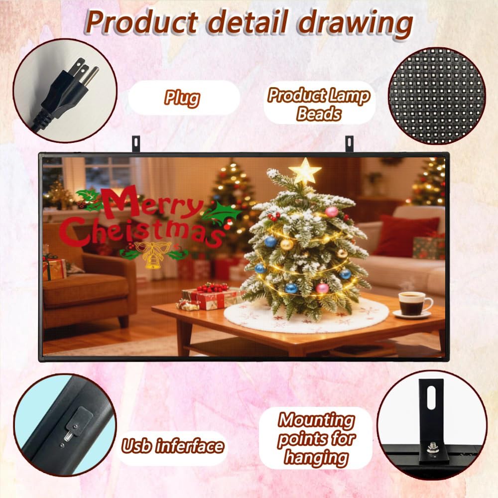 LED Advertising Sign,P5 39x14 Inches Full Color Programmable Digital Board, High Brightness Scrolling Message Display with WiFi & USB Control for Business Promotion