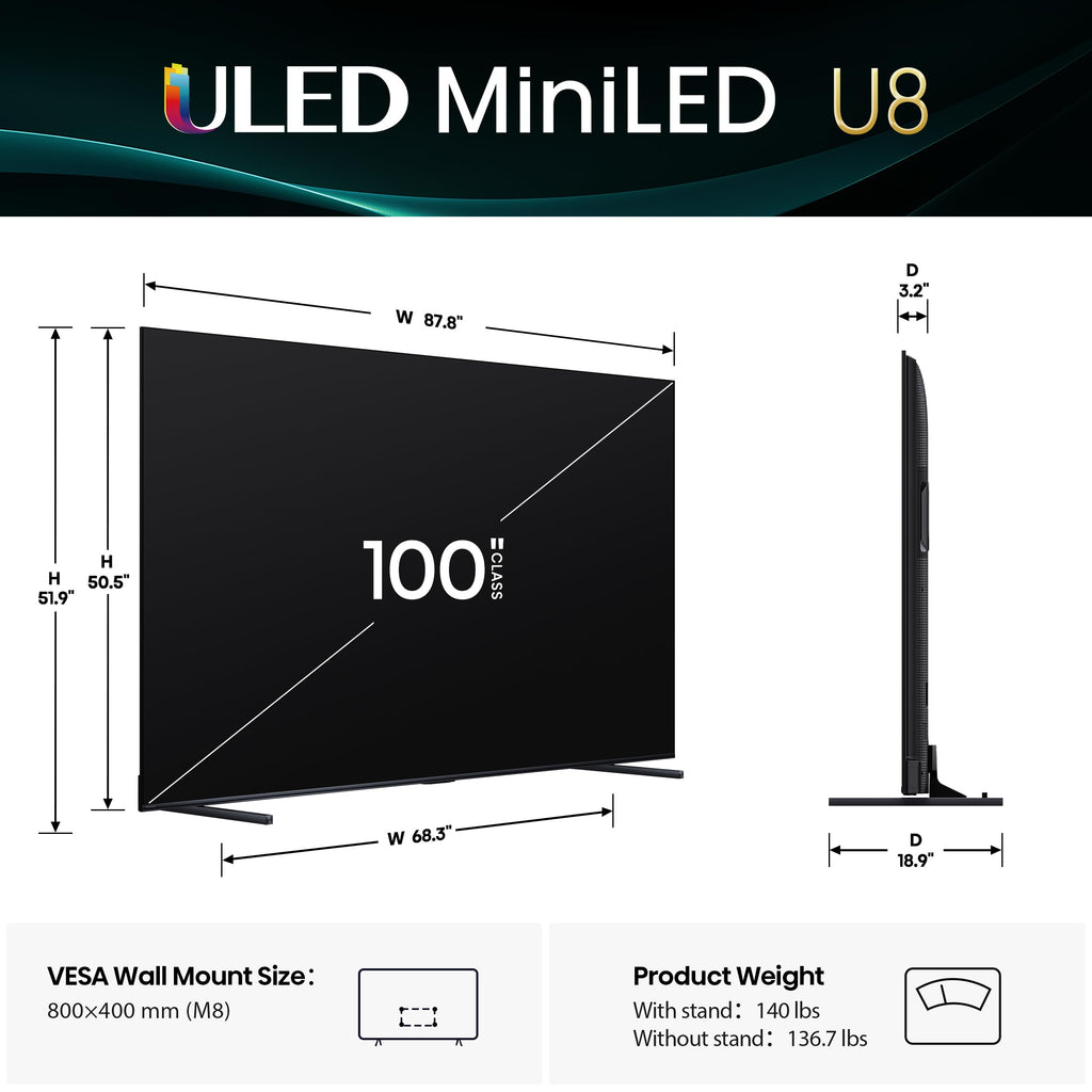Hisense 65" U8 Series ULED Mini-LED 4K UHD Smart Google TV (65U8QG) - QLED, Native 165Hz, VRR 288, Up to LD5600, 5000 Nits, HDR10+, Dolby Vision IQ Â· Atmos, IMAX Enhanced, 4.1.2 Ch Audio