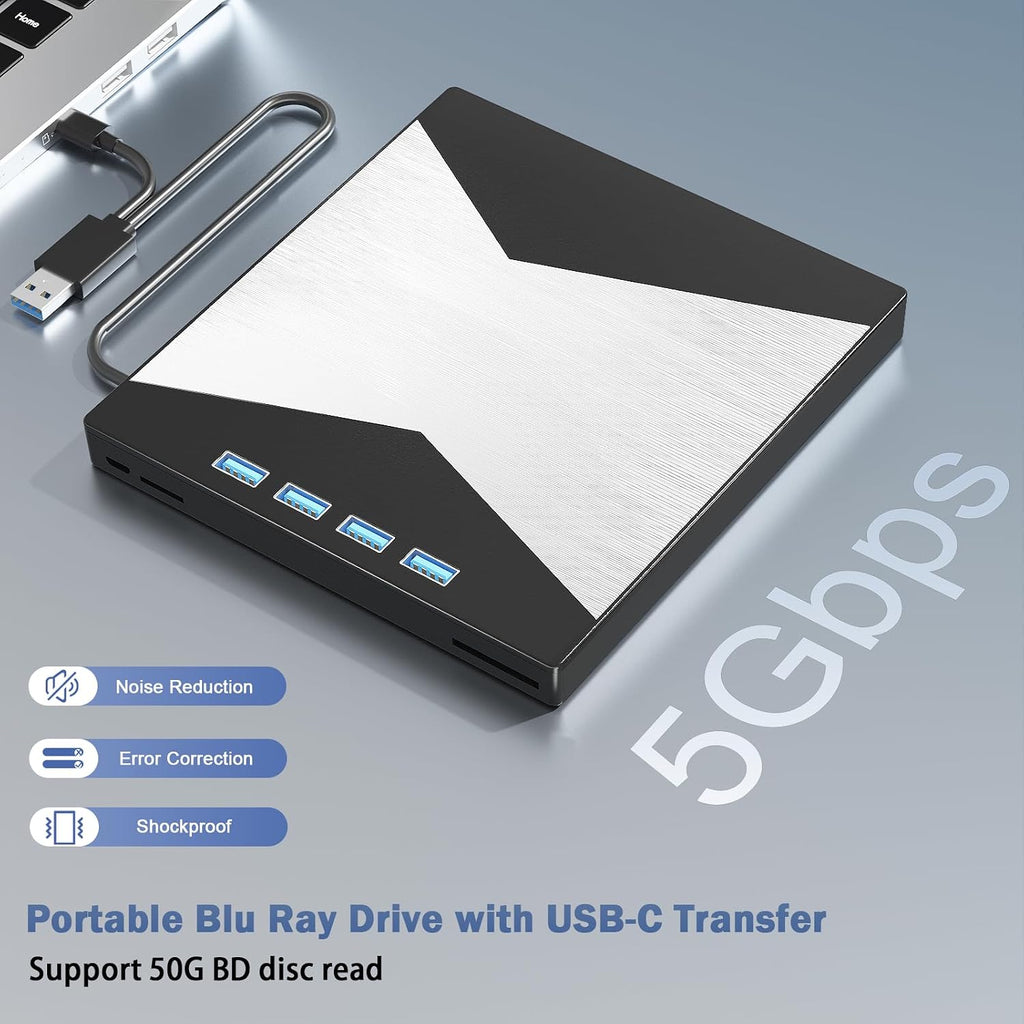 Wbacon 4K External Blu Ray Drive, USB 3.0 & 4 USB Ports 3D Blu Ray Drive