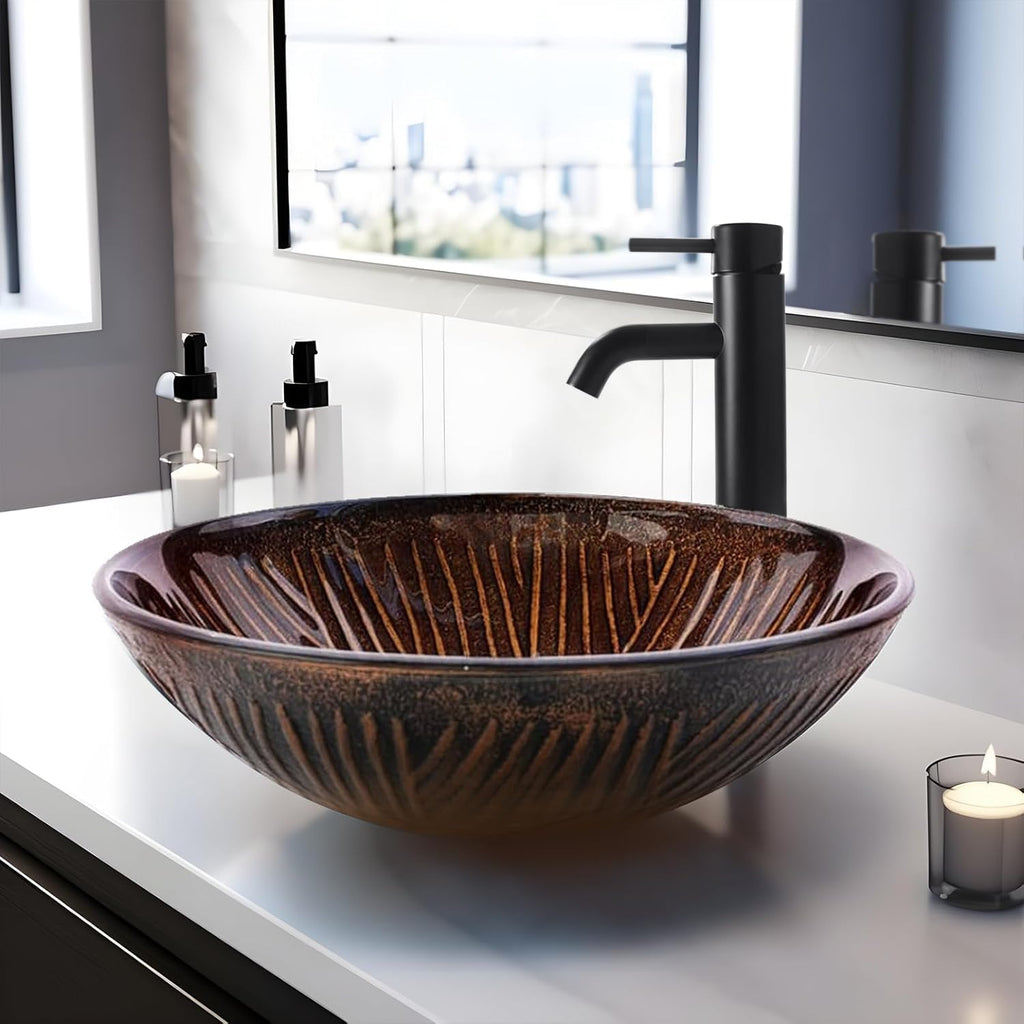 Design Vessel Sink Concrete Bathroom Sink above Counter Small Vessel Sink Bathroom Sink Bowl Countertop Modern Sinks with Faucet and Drain Combo 15.7" Round Gray