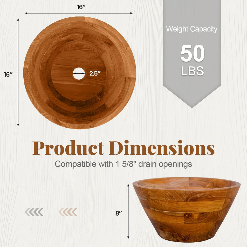 Giantex Teak Wood Vessel Sink - Bathroom Washbasin with Smooth Finish, Round Corner, 2.5â Drain Hole for 1 5/8" Drainage, Above Counter Vanity Sinks, No Assembly Art Basin (16â x 16â x 4â Bowl-shaped)