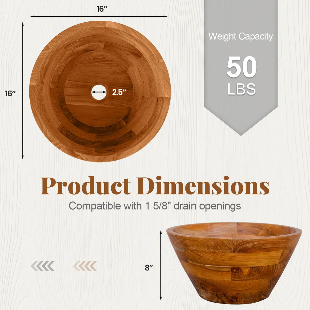 Giantex Teak Wood Vessel Sink - Bathroom Washbasin with Smooth Finish, Round Corner, 2.5â Drain Hole for 1 5/8" Drainage, Above Counter Vanity Sinks, No Assembly Art Basin (16â x 16â x 4â Bowl-shaped)