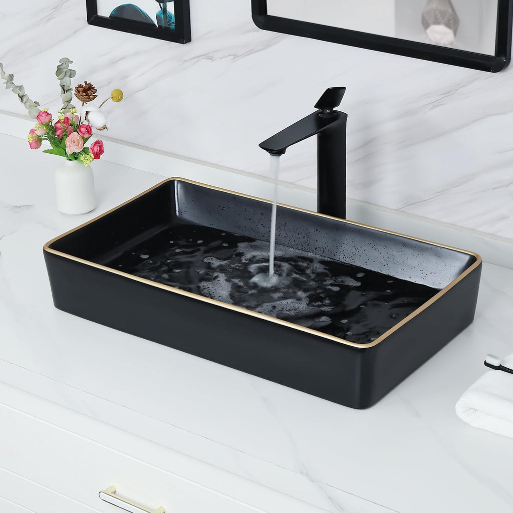 Davivy 16'' X 13.2'' Matte Black Oval Vessel Sink with Pop Up Drain,Bathroom Vessel Sinks,Bathroom Sinks Above Counter,Ceramic Vessel Sink,Counter top Sink,Black Sink Bowls for Bathroom