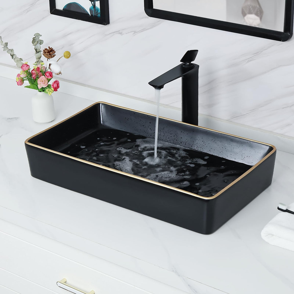 Davivy 16'' X 13.2'' Matte Black Oval Vessel Sink with Pop Up Drain,Bathroom Vessel Sinks,Bathroom Sinks Above Counter,Ceramic Vessel Sink,Counter top Sink,Black Sink Bowls for Bathroom