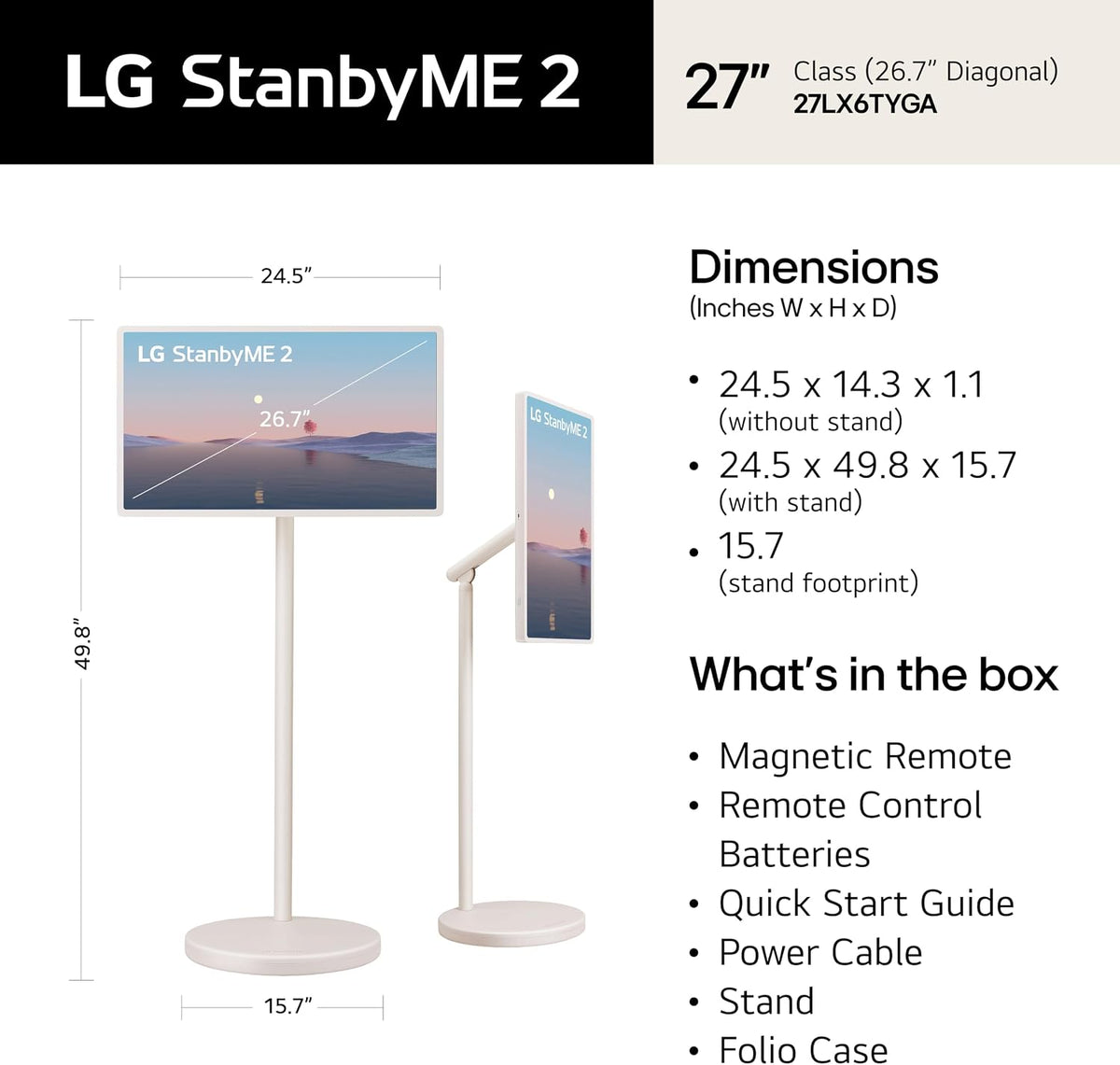 LG 27-Inch StanbyME 2 with Folio Cover, Portable Touch Screen TV, Dolby Vision, HDR10, Filmmaker Mode, Built-in Battery, Full Swivel Rotation (27LX6TYGA, 2025)