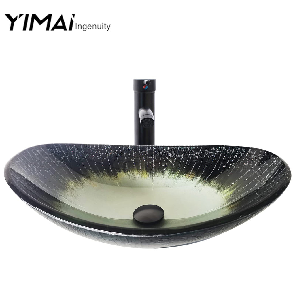 Vessel Sink Bathroom Sinks Tempered Glass Art Basin 20.8"x13.7" Oval Bowl Above Counter with Faucet and Pop-Up Drain Combo, Oval Clear Grey,Modern Countertop Bowl Sink