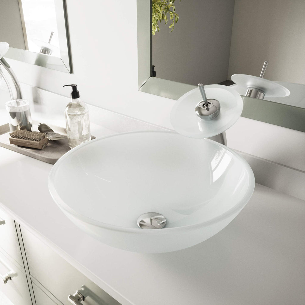 Vigo Vessel Sink Copper - 17â Artistic Round Bowl Sink for Bathrooms, Tempered Glass Above Counter Bathroom Sink with NonStickShield, QuickDrain & TempGuard, Modern Luxury Design