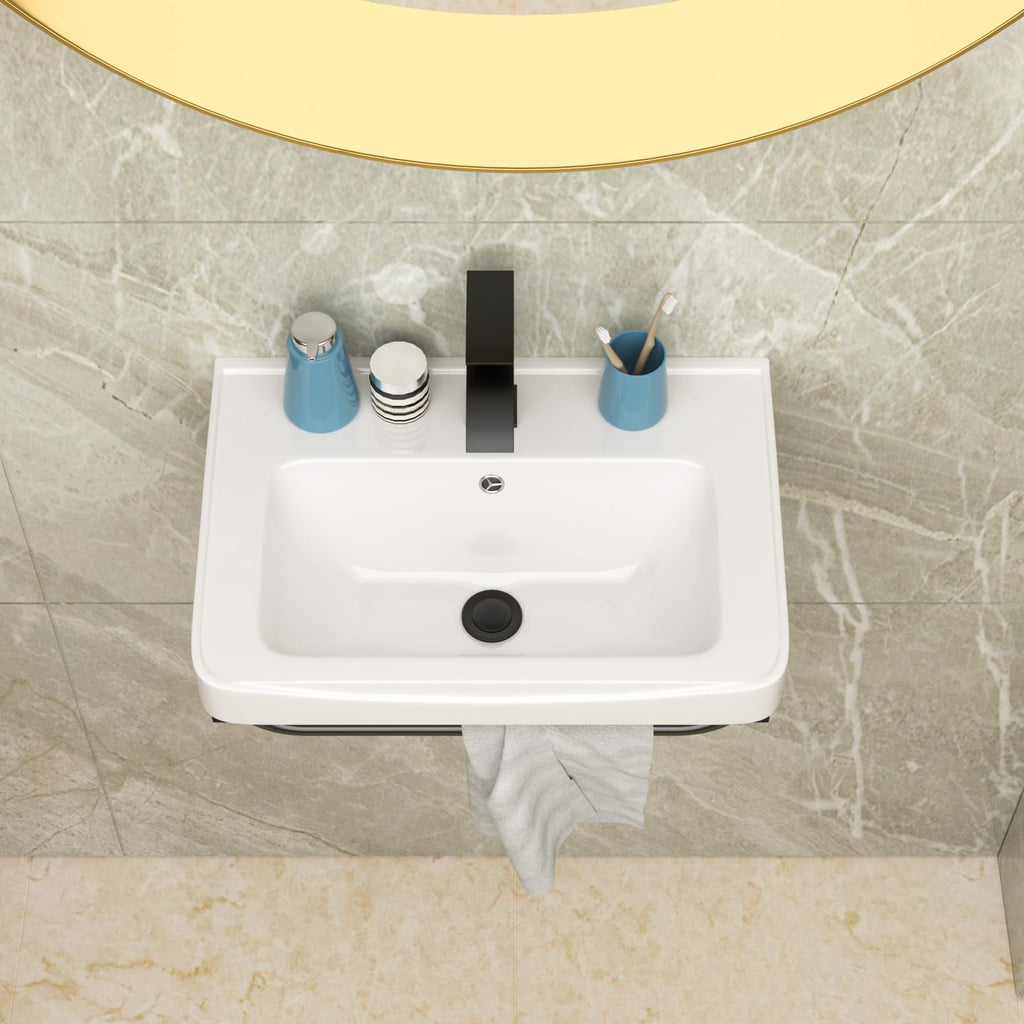 Lordear Wall Mounted Vessel Sink 16x11 Inch, U-Shape White Porcelain Bathroom Sink with Black Faucet and Support Pedestal Legs, Wall Hung Vanity Sink with Towel Rack for Small Bathrooms