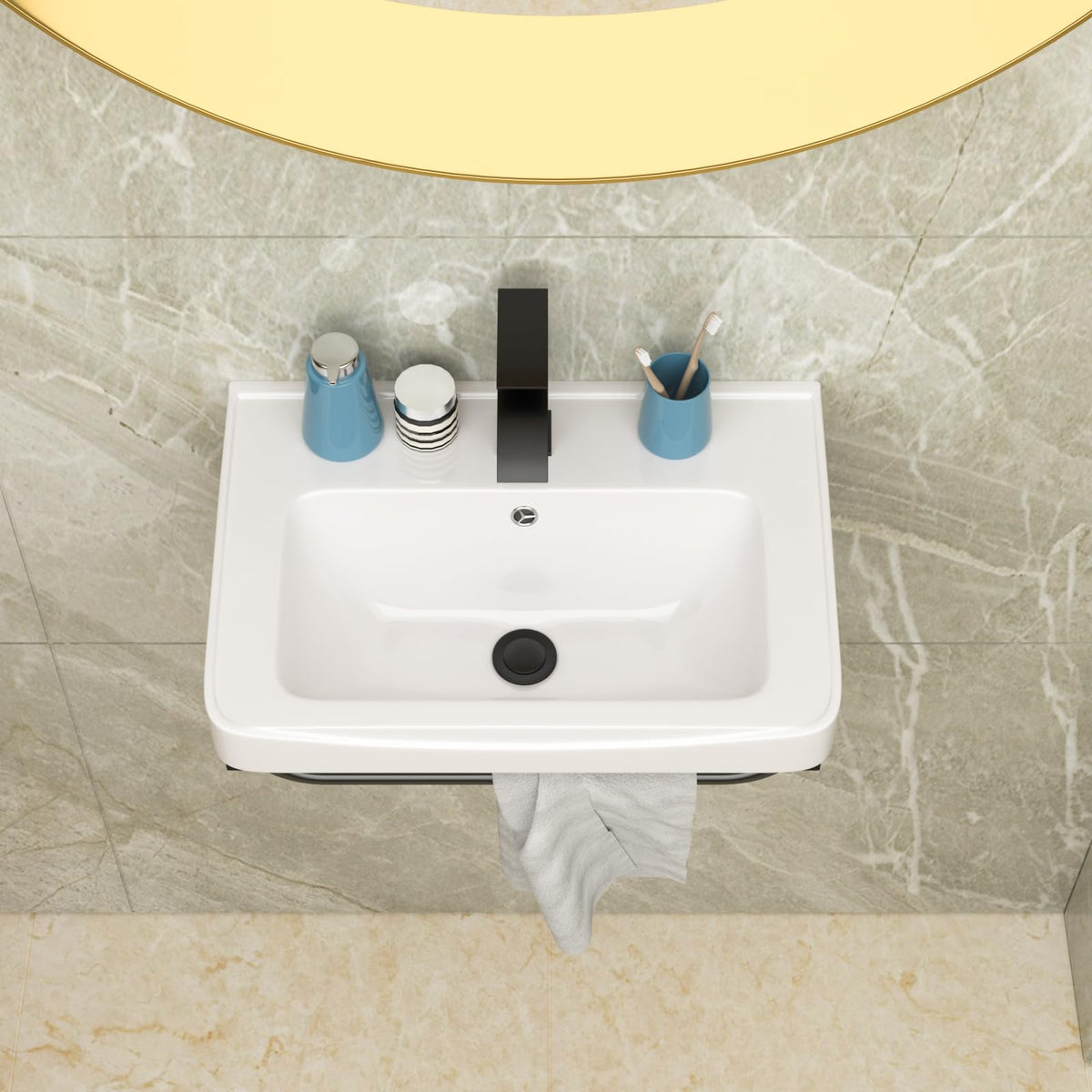 Lordear Wall Mounted Vessel Sink 16x11 Inch, U-Shape White Porcelain Bathroom Sink with Black Faucet and Support Pedestal Legs, Wall Hung Vanity Sink with Towel Rack for Small Bathrooms