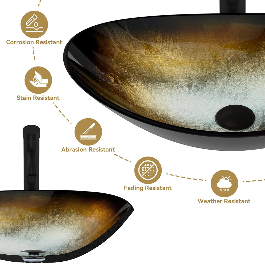 YOURLITE Bathroom Artistic Vessel Sink, Tempered Glass Countertop Bowl Sink
