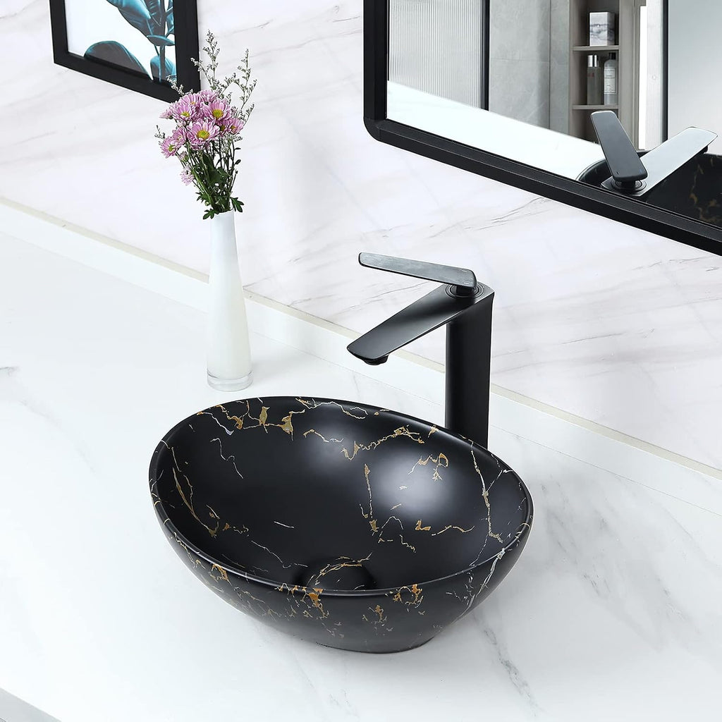 Davivy 16'' X 13.2'' Matte Black Oval Vessel Sink with Pop Up Drain,Bathroom Vessel Sinks,Bathroom Sinks Above Counter,Ceramic Vessel Sink,Counter top Sink,Black Sink Bowls for Bathroom