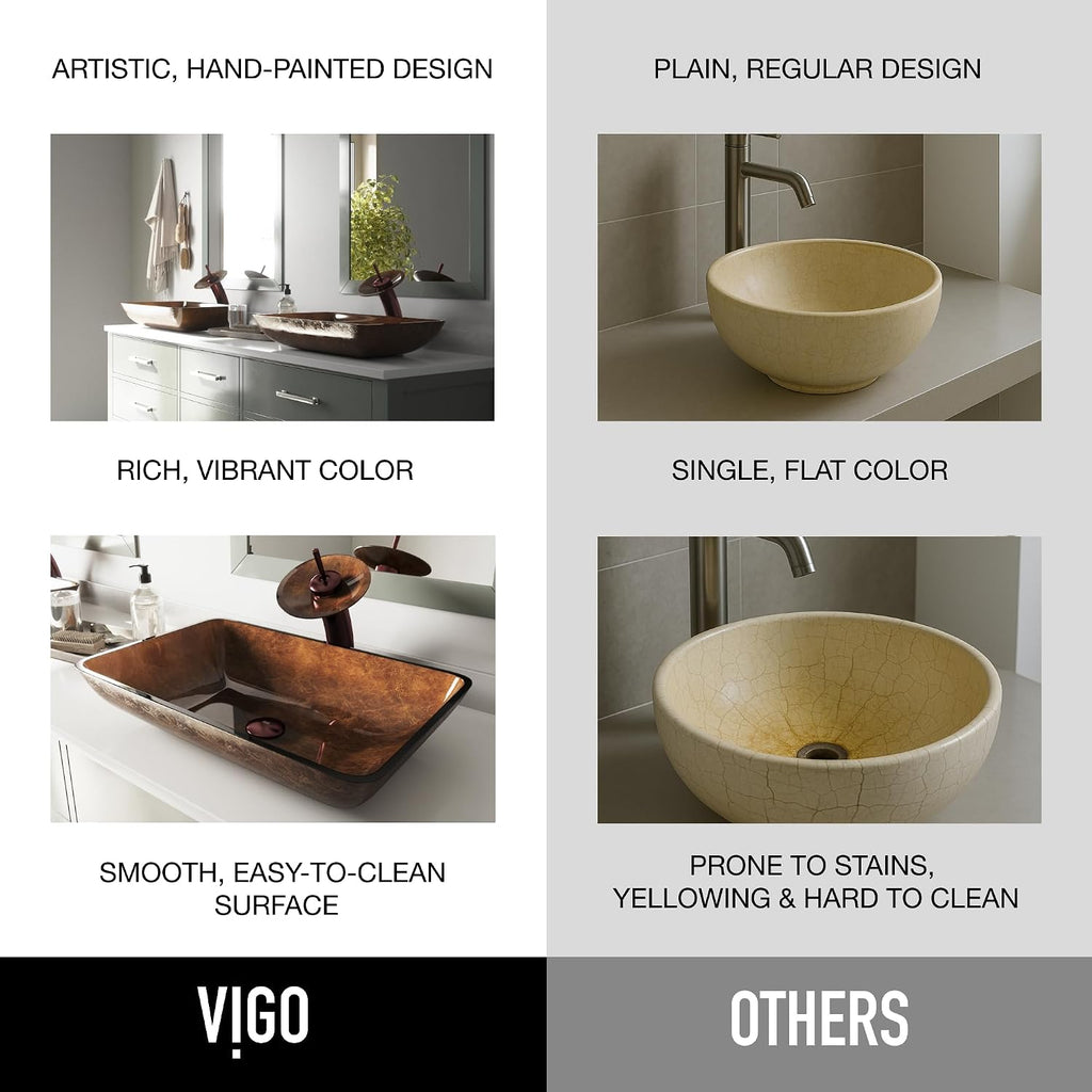 Vigo Vessel Sink Brown - 23â Artistic Rectangular Bathroom Vessel Sink, Tempered Glass Above Counter Sink with NonStickShield & QuickDrain, Modern Luxury Design