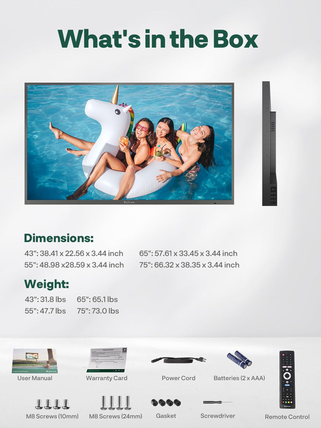 SYLVOX 75" QLED Outdoor TV, Smart Google TV, Anti-Glare 4K UHD, Dolby Atmos
