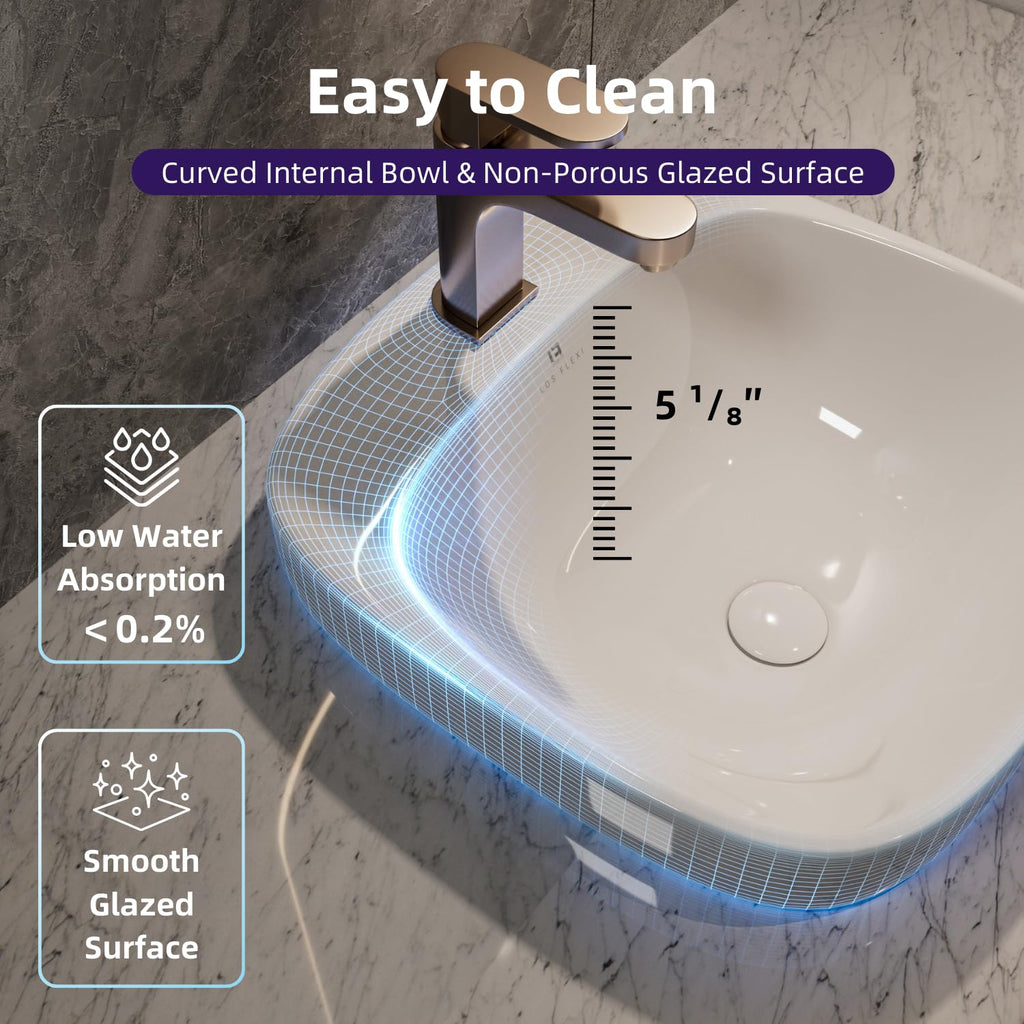 20â³W x 17â³D Drop In Bathroom Sink with Free Pop-Up Drain, White Ceramic Rectangular Semi Recessed Bathroom Sink with Single Faucet Hole, Modern Vessel Sink, Durable Above Counter Basin