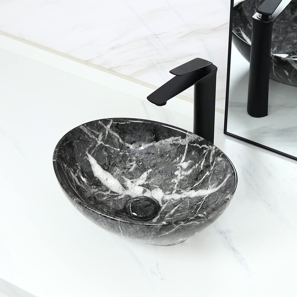 Davivy 15.7'' X 13.4'' Matte Black Oval Vessel Sink with Pop Up Drain,Bathroom Vessel Sinks,Ceramic Vessel Sink,Bathroom Sinks Above Counter,Matte Black Vessel Sinks for Bathrooms